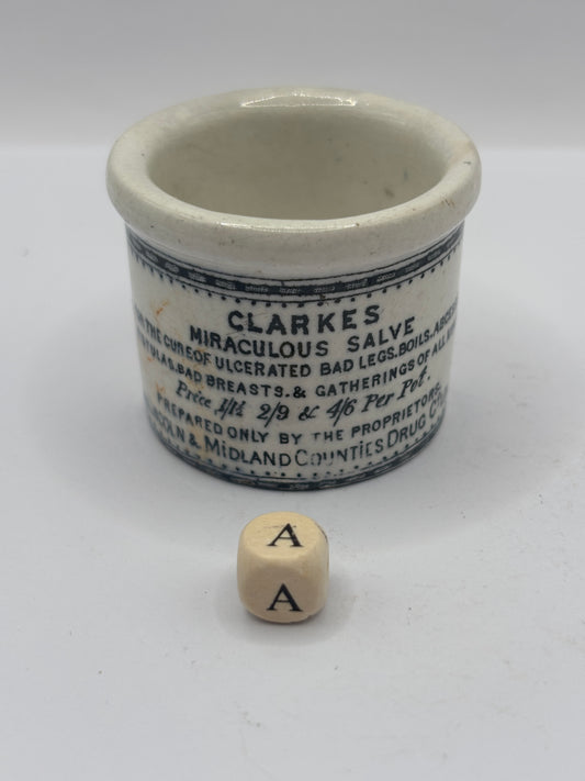 Old advertising ointment pot, clarkes miraculous salve ointment (a)
