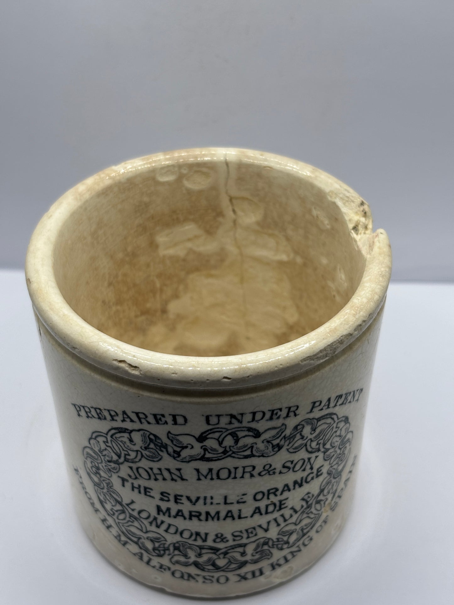 Rare John moir advertising marmalade jar, Pure orange marmalade. Damaged
