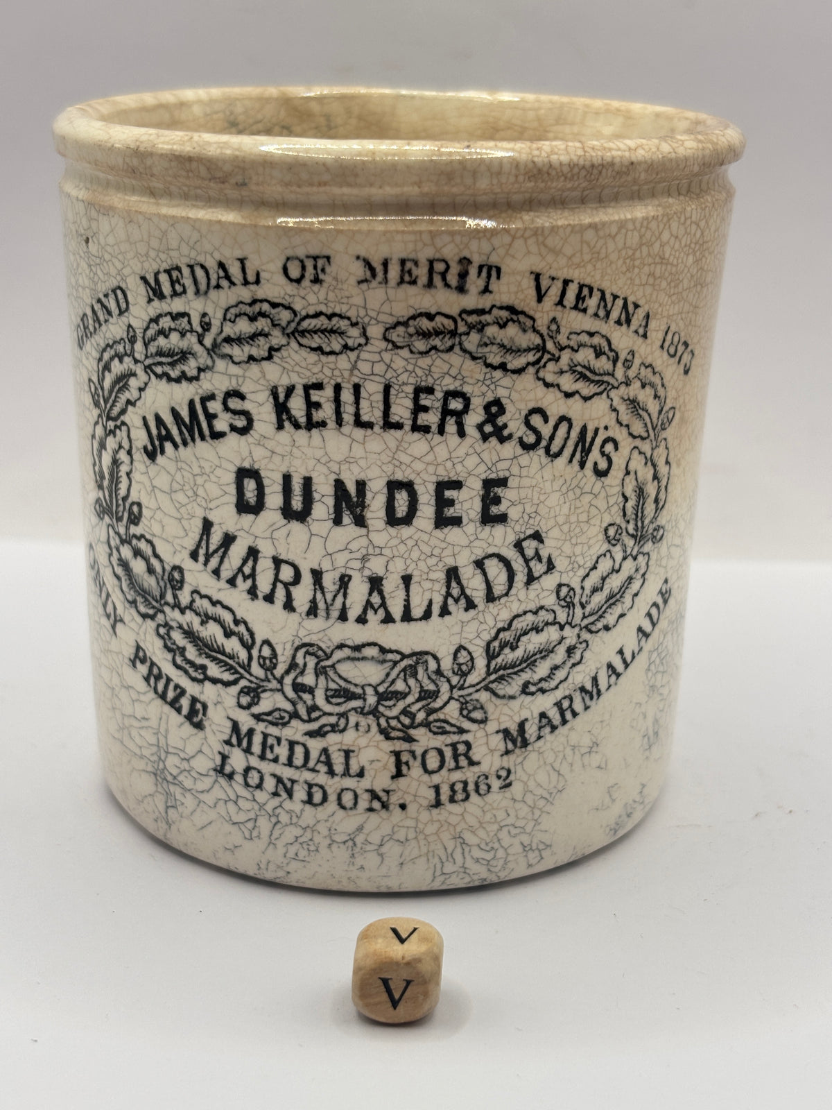 Old 1lb stoneware marmalade pot, James Keiller Dundee marmalade (V)
