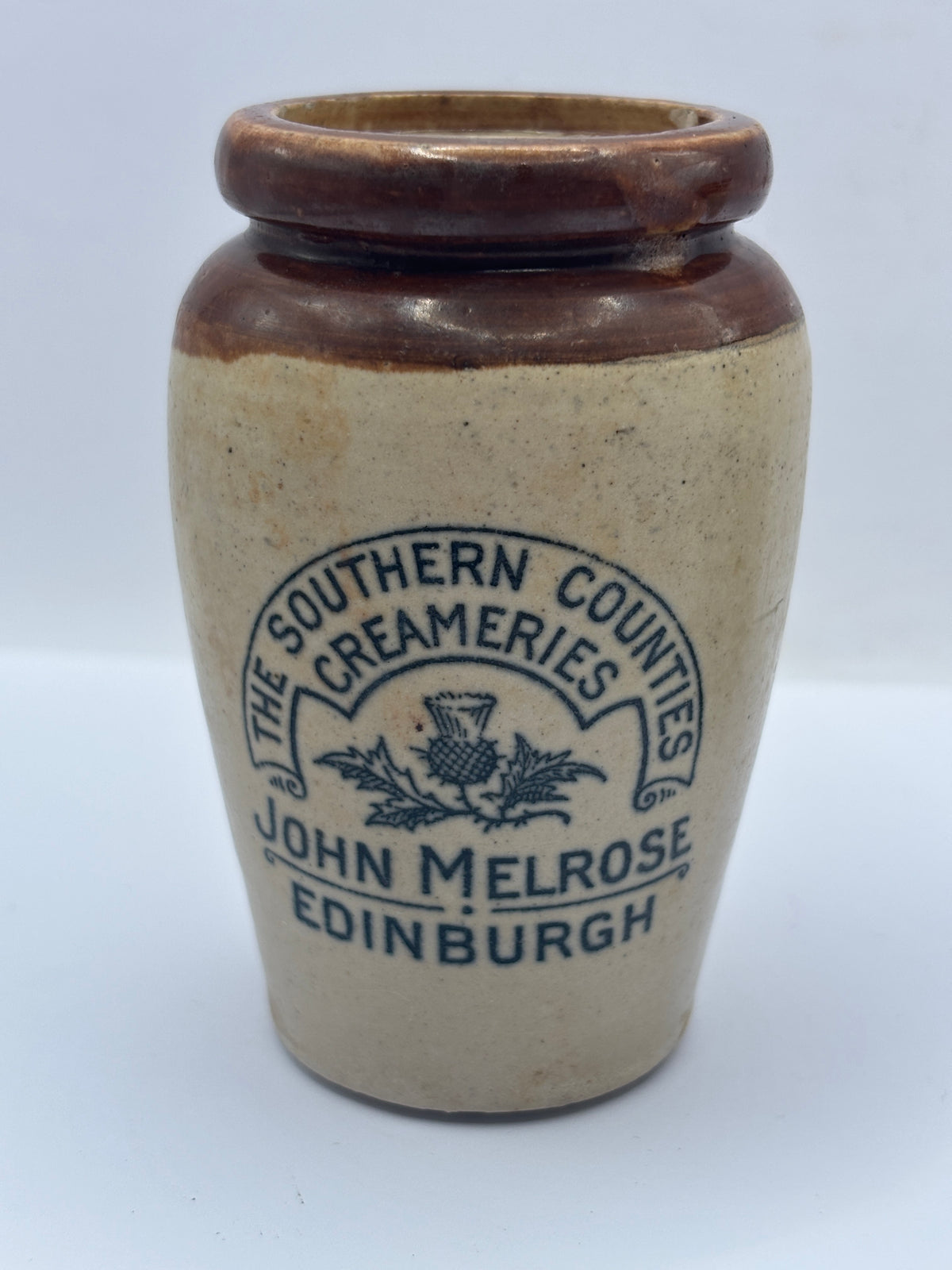 Old advertising cream pot, John Melrose, The southern counties creamery 9.5cms