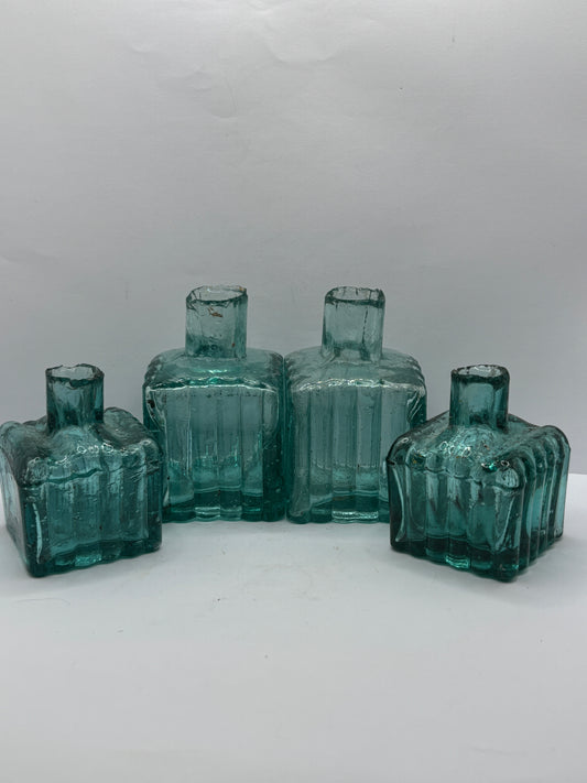 4 old aqua glass square ribbed inkwells