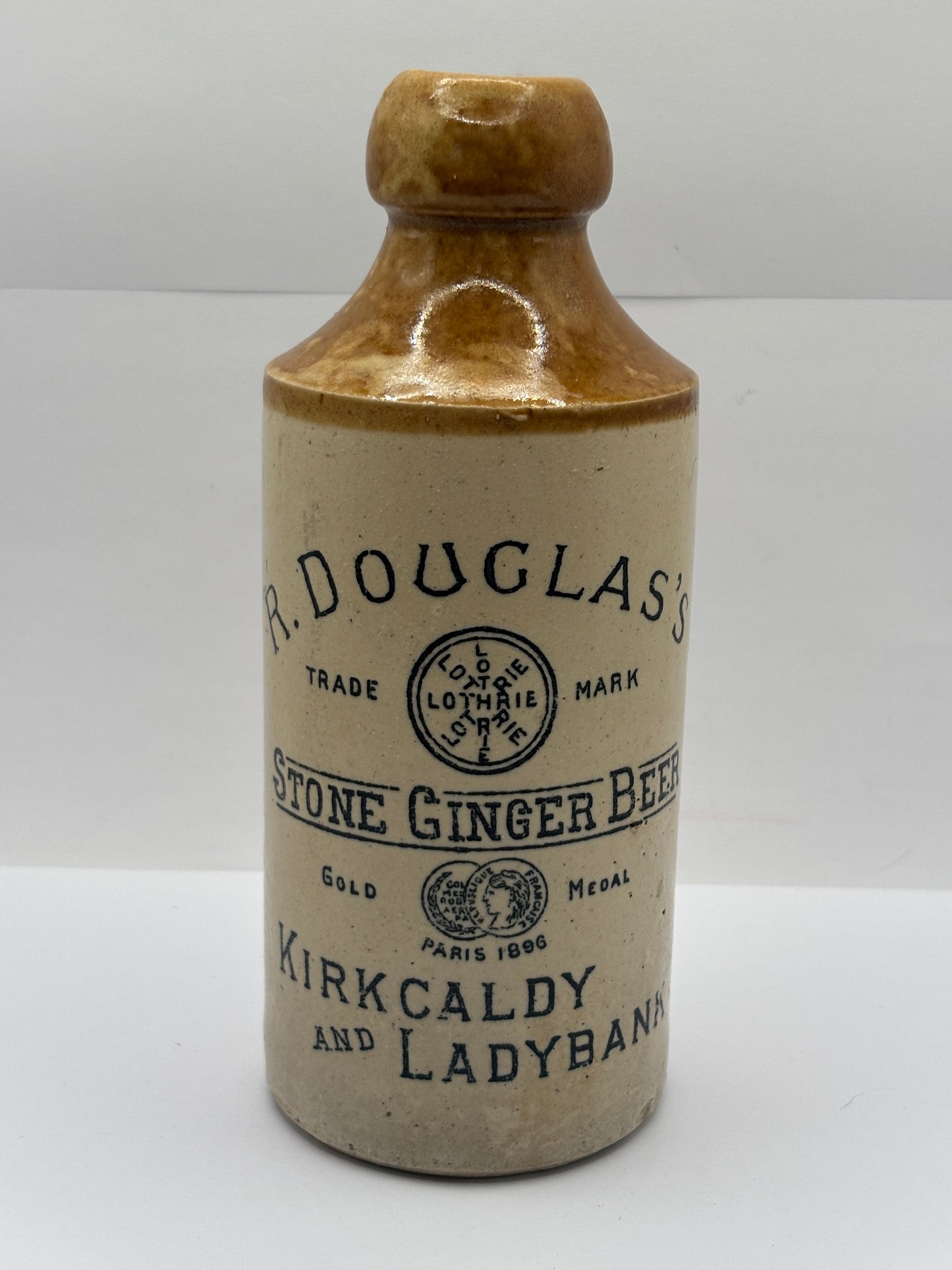 Old stoneware ginger beer bottle, R Douglas’s Kirkcaldy & Ladybank