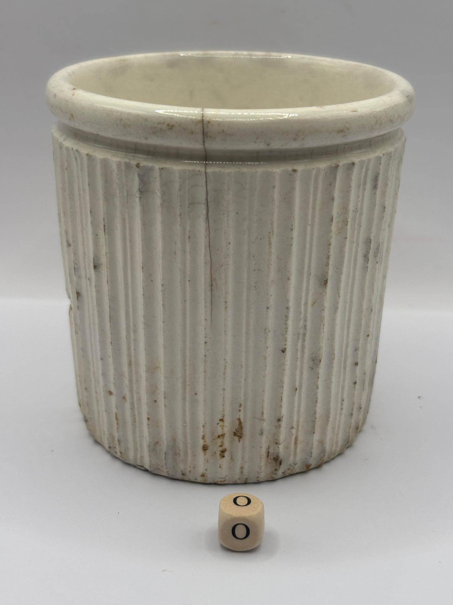 Old early ribbed stoneware jam & marmalade pot. Hairlined