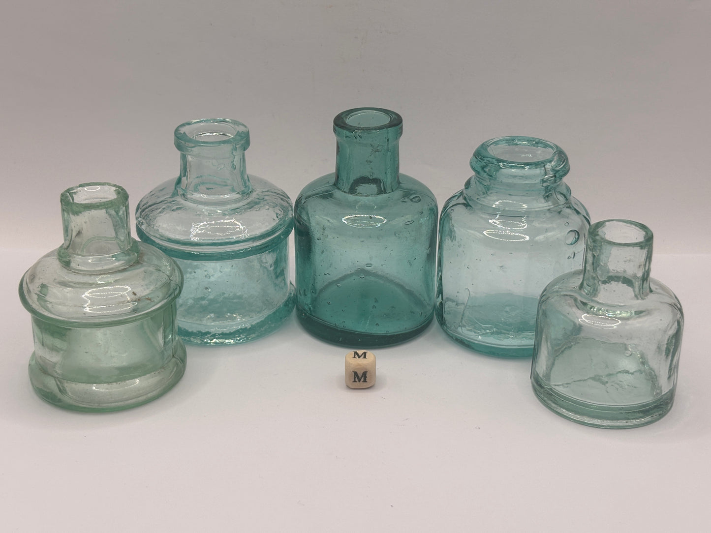 5 old aqua glass inks, inkwells, ink bottles (m) smooth top