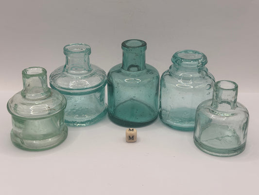 5 old aqua glass inks, inkwells, ink bottles (m) smooth top