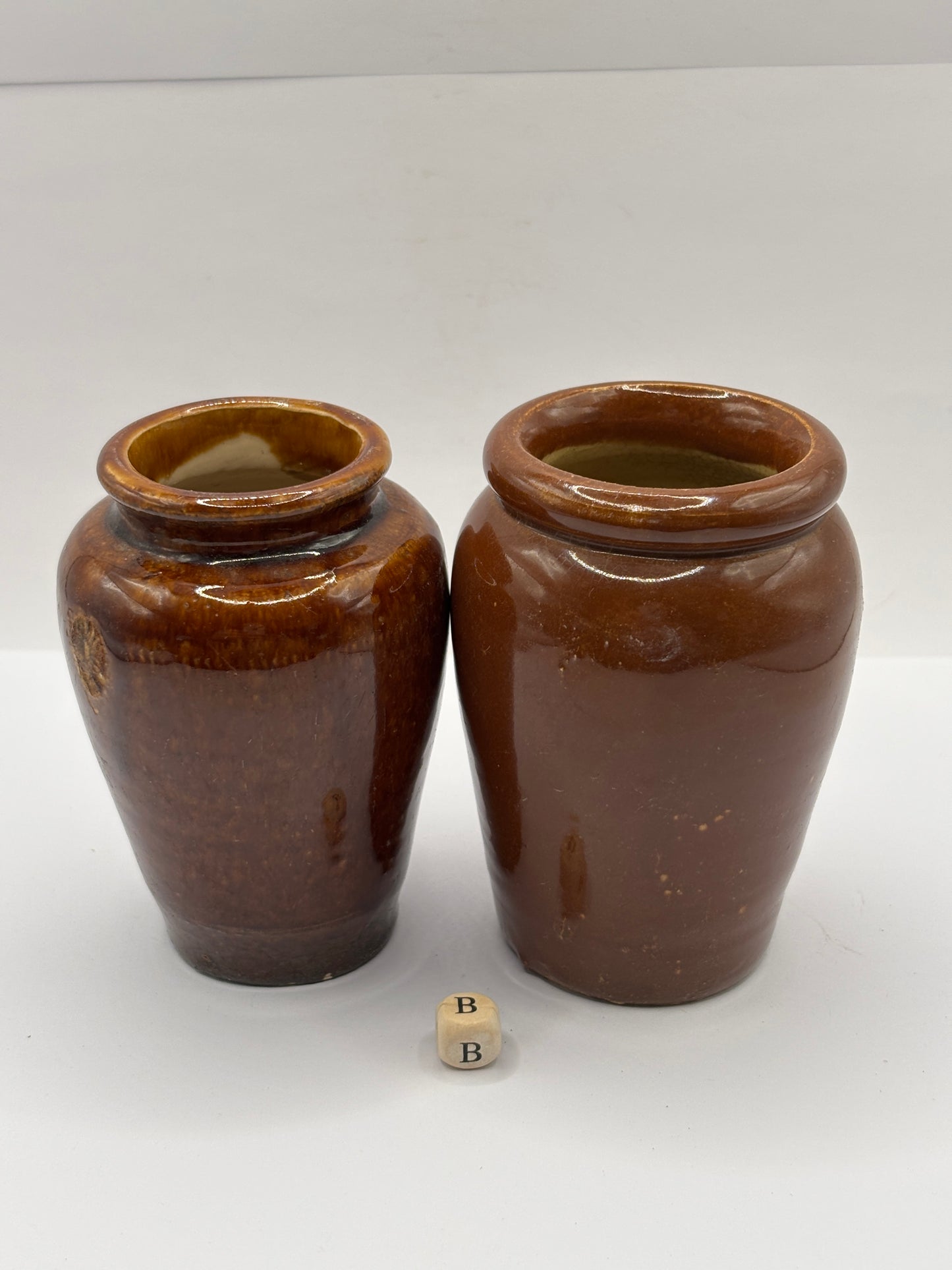 2 old small brown stoneware cream pots (B)