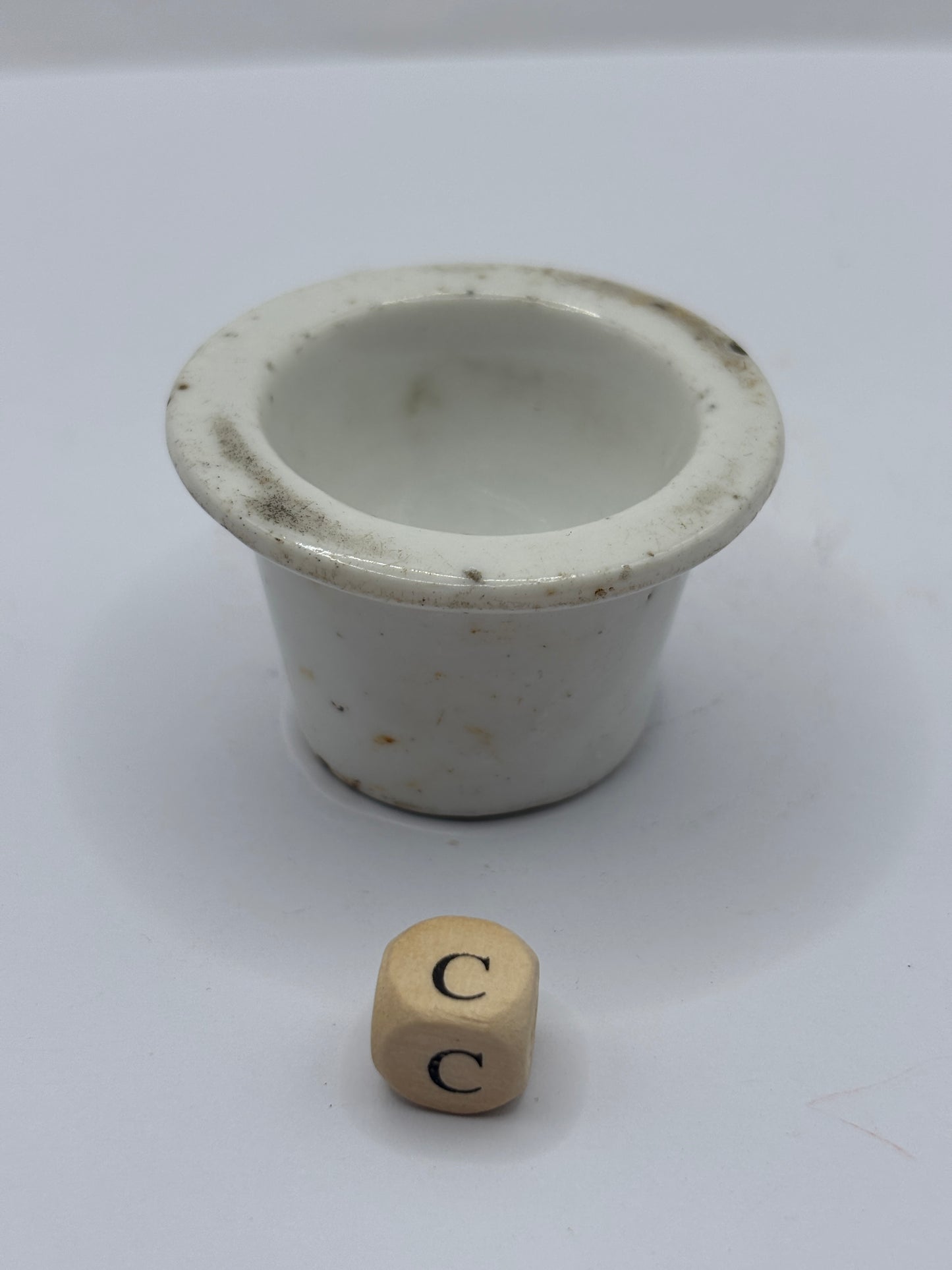 Old white stoneware school desk inkwell (c)