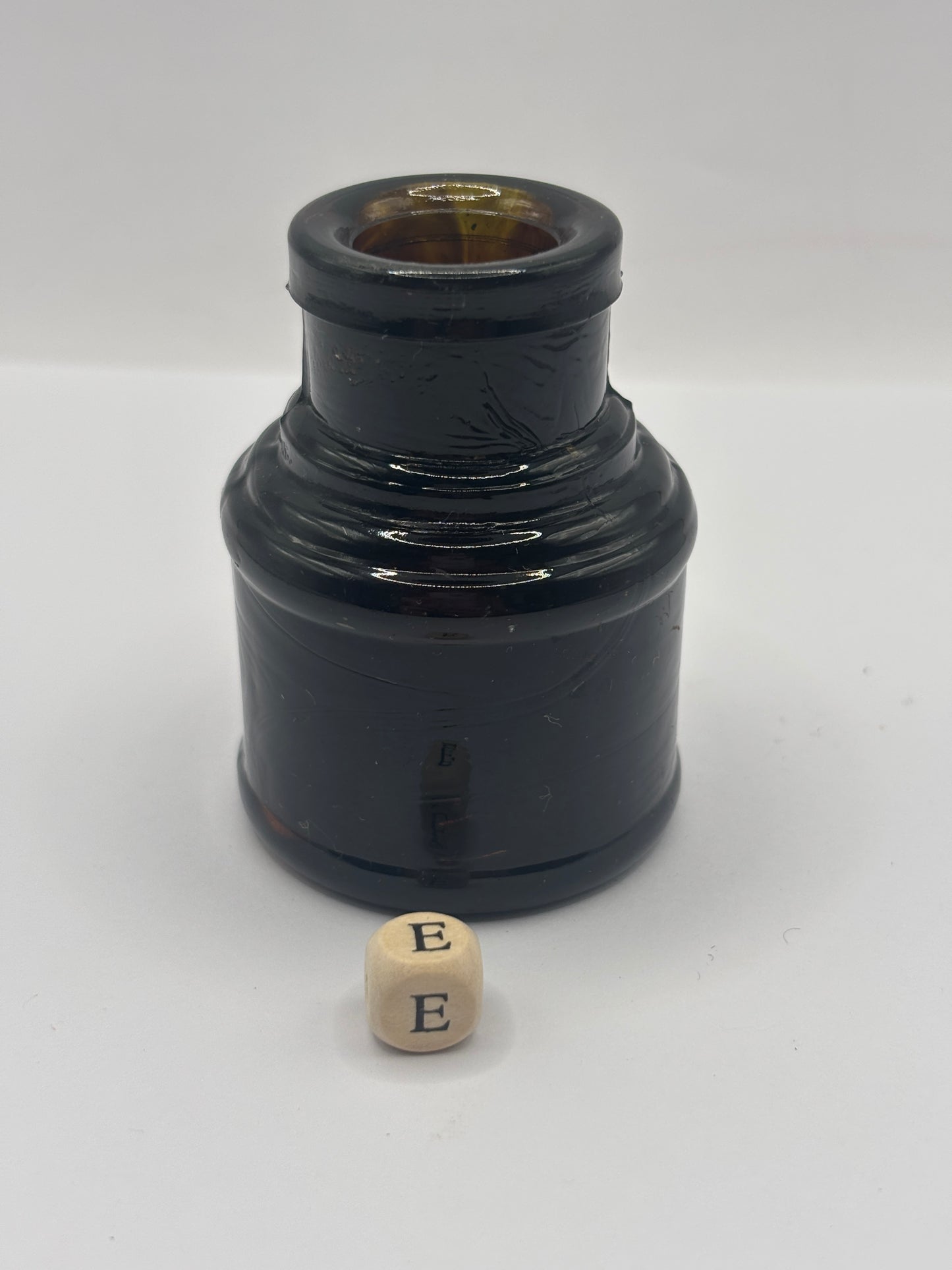 Old amber glass ink bottle, inkwell, penny ink (e)