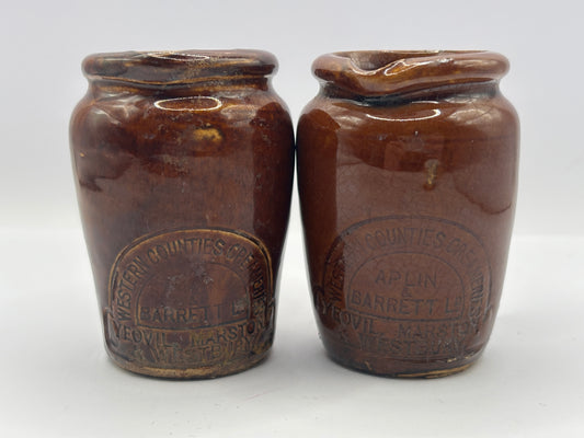 2 Old brown small stoneware cream pots. Western counties creameries