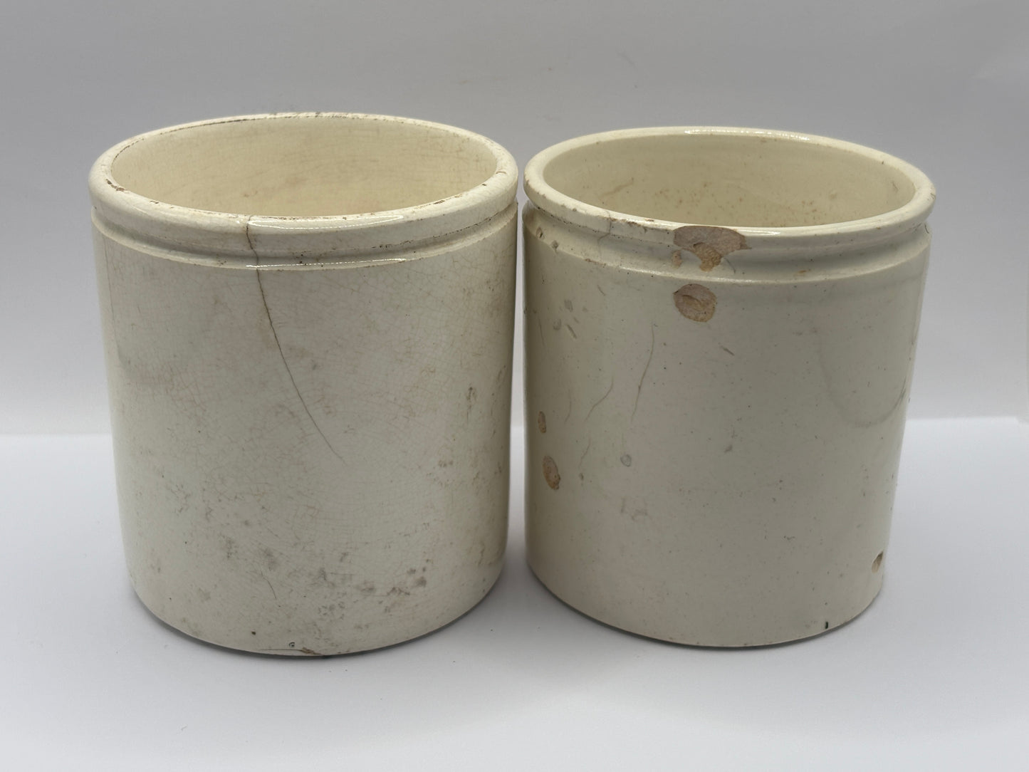 2 old white stoneware jam & marmalade pots. Chippy/hairline