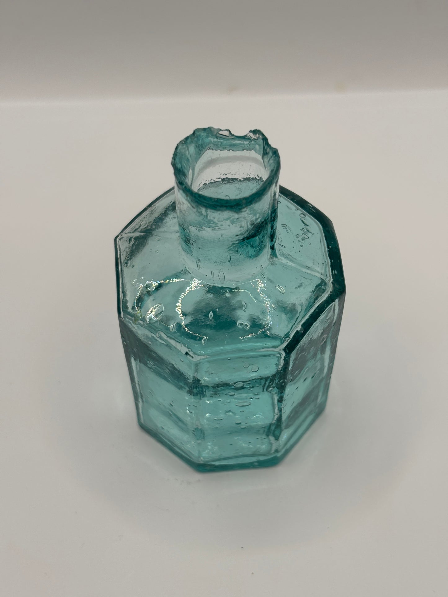 Old large aqua glass inkwell, ink bottle, penny ink