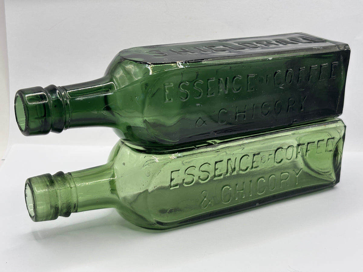 2 Old green glass essence of coffee & chicory bottles