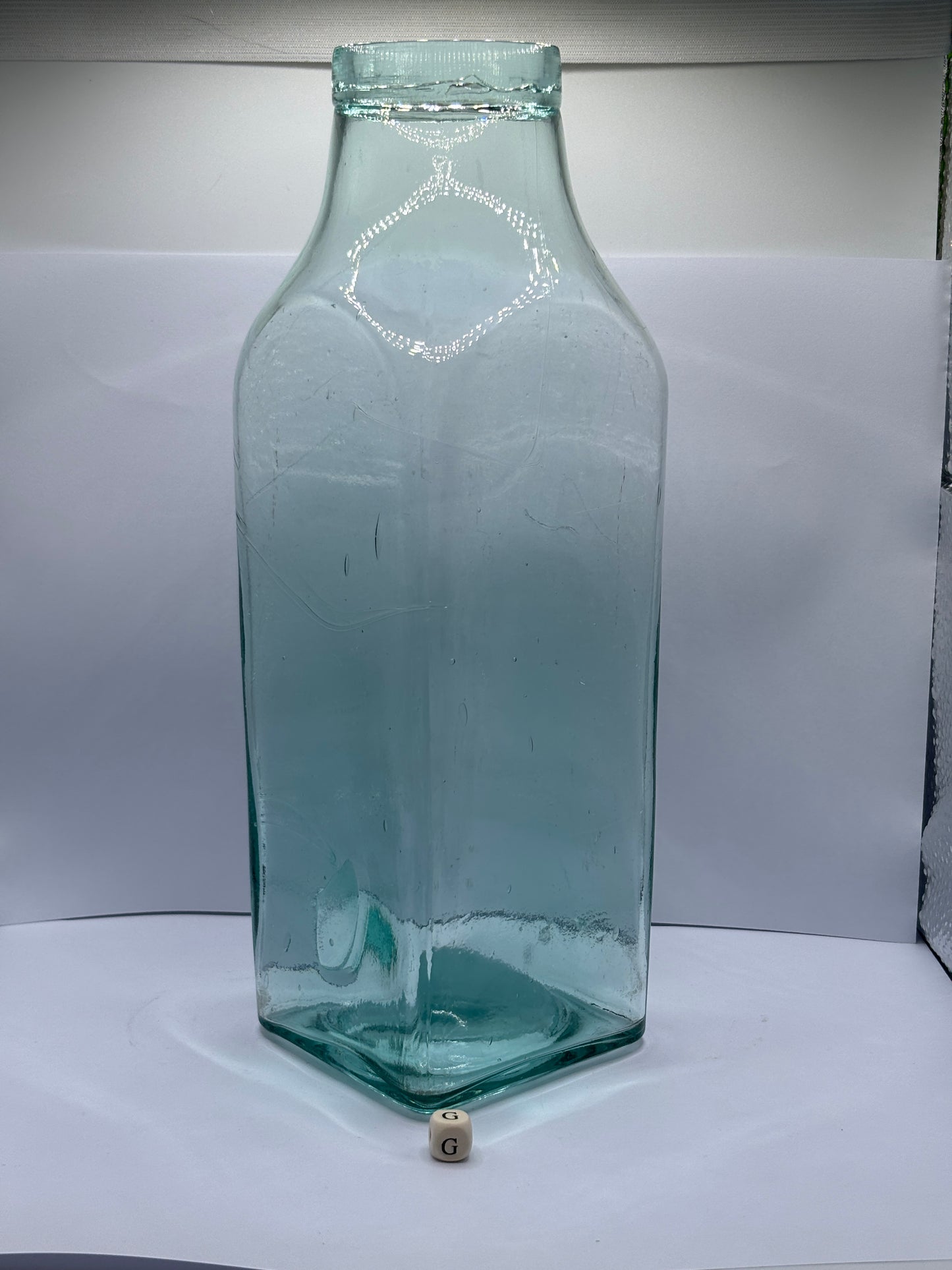 Old extra tall square glass jar, vase. 26.5cms (G)