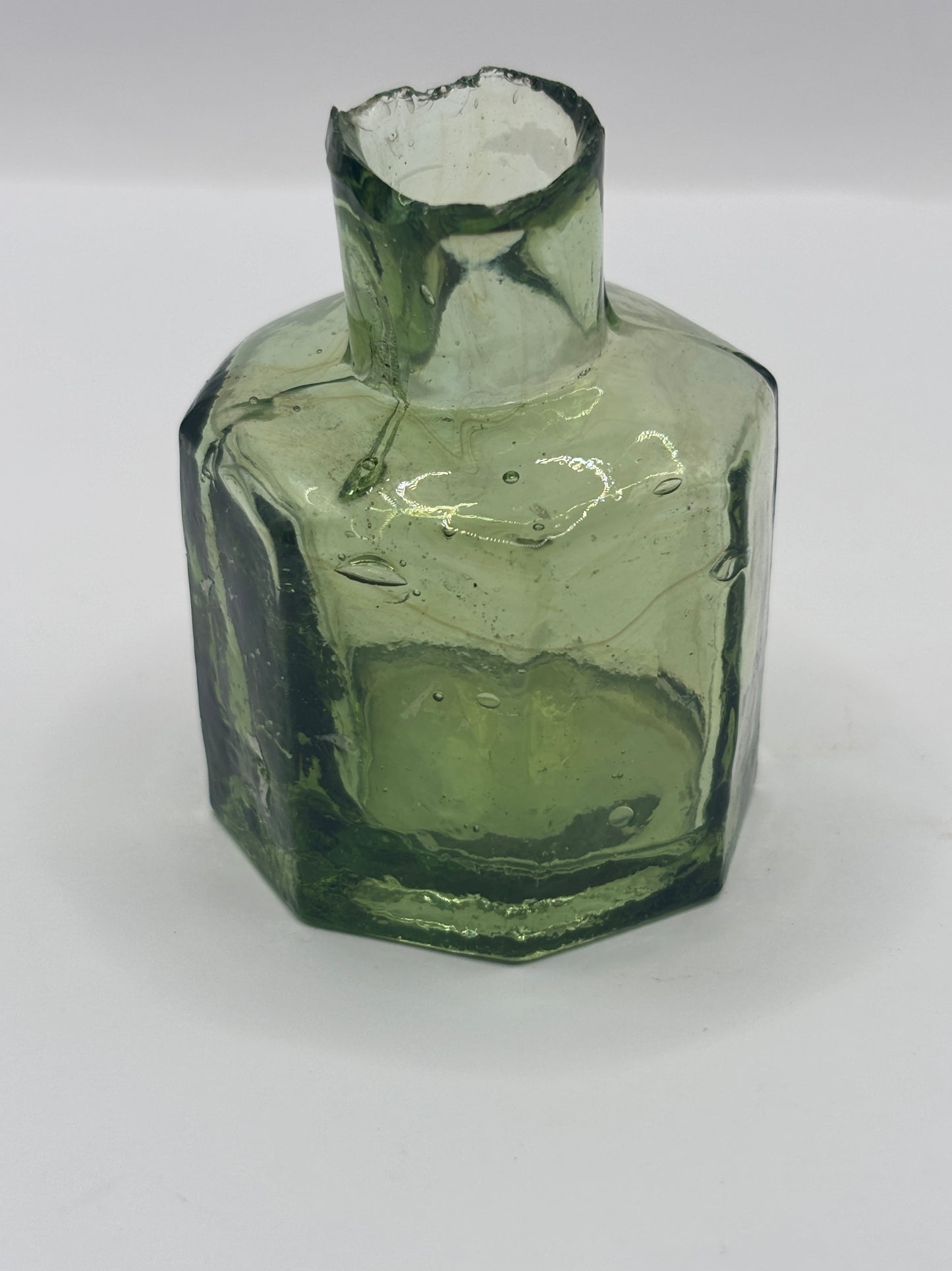 Old olive green glass ink, inkwell.
