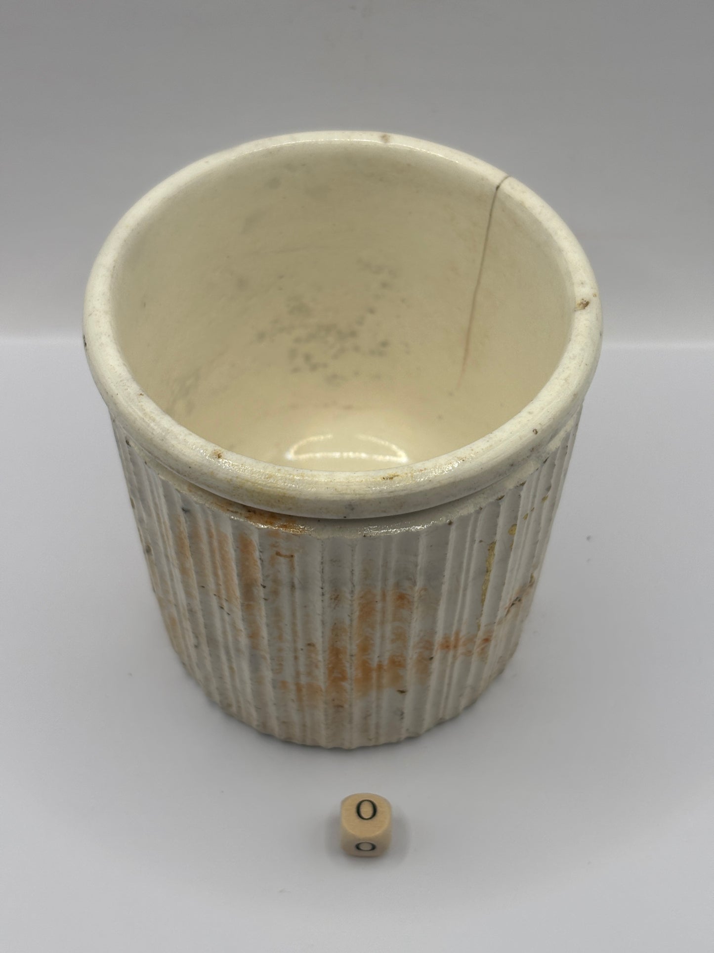 Old early ribbed stoneware jam & marmalade pot. Hairlined