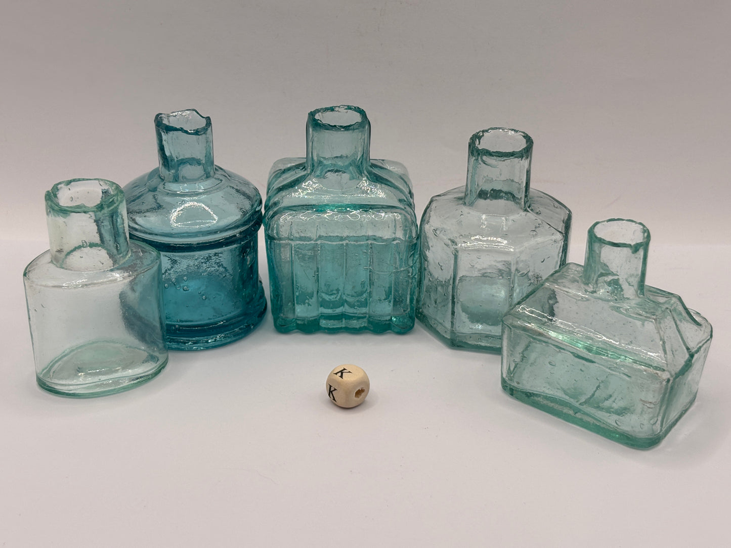 5 old aqua glass inks, inkwells, ink bottles, penny ink (k)