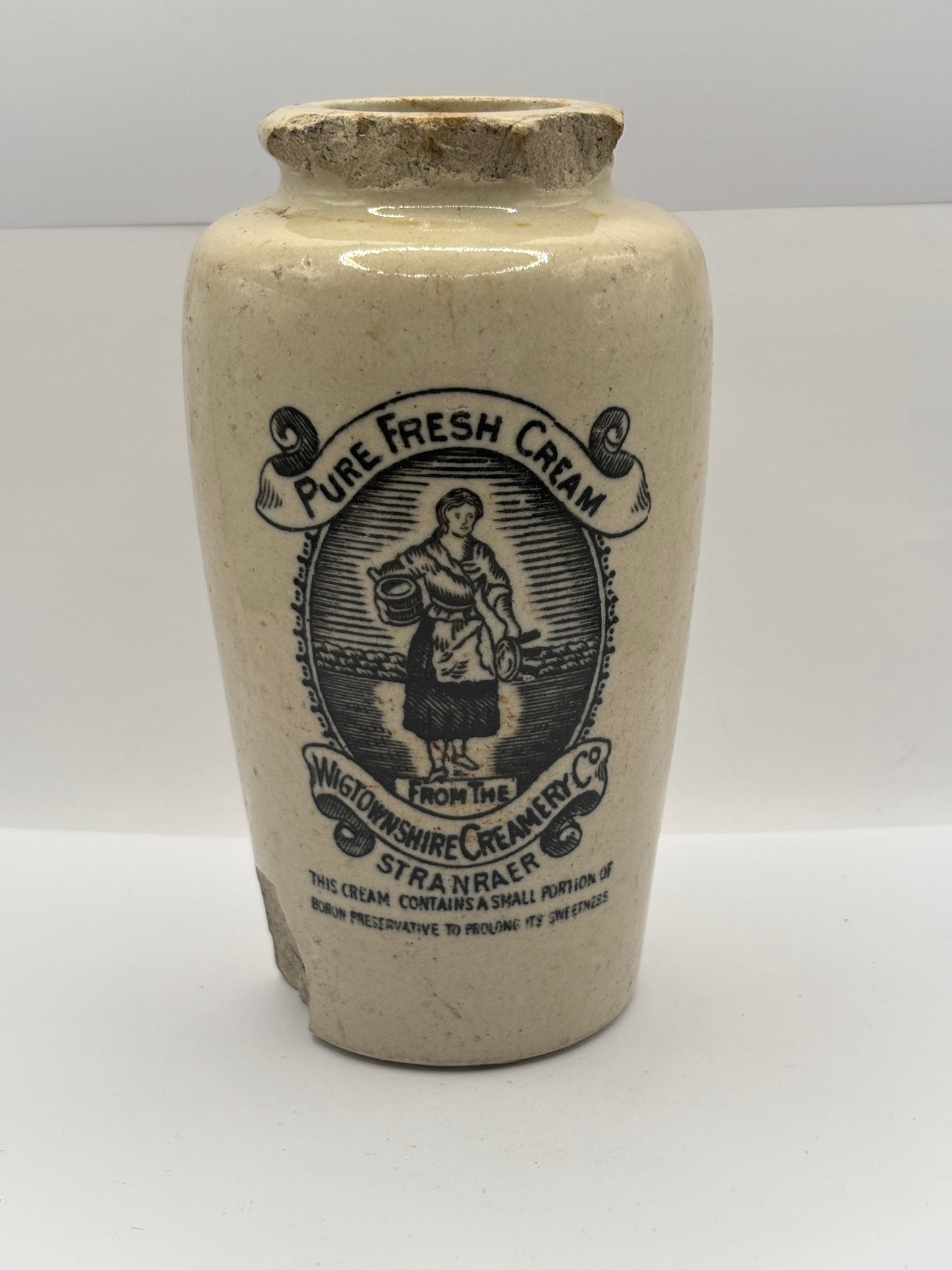 Old tall stoneware advertising cream pot, pure fresh cream Stranraer. Damaged
