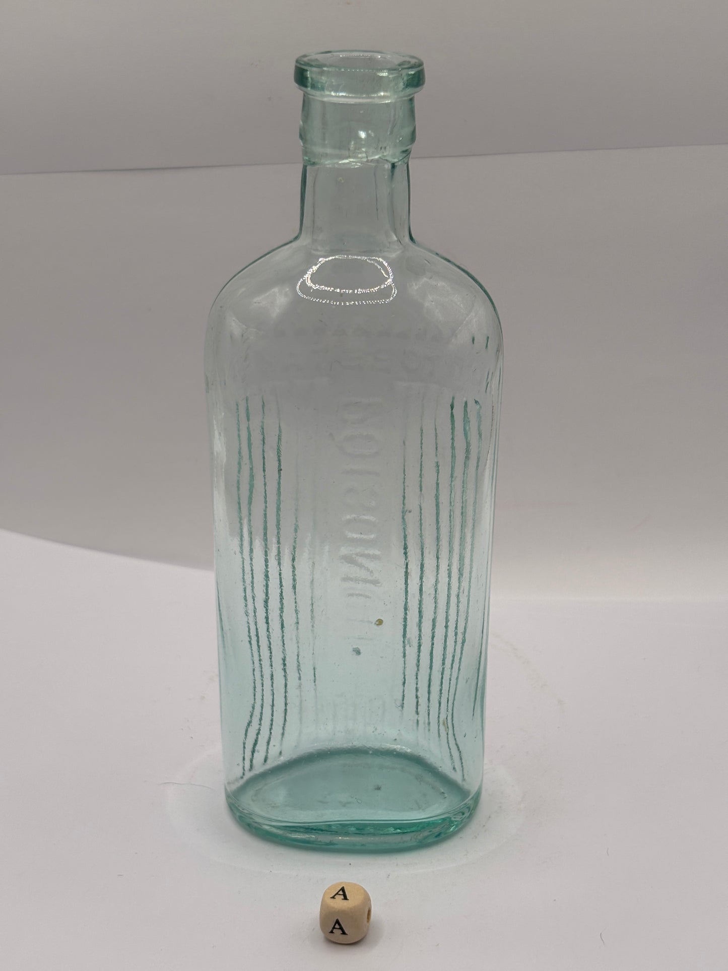 old aqua glass poison bottle, POISONOUS not to be taken (A)