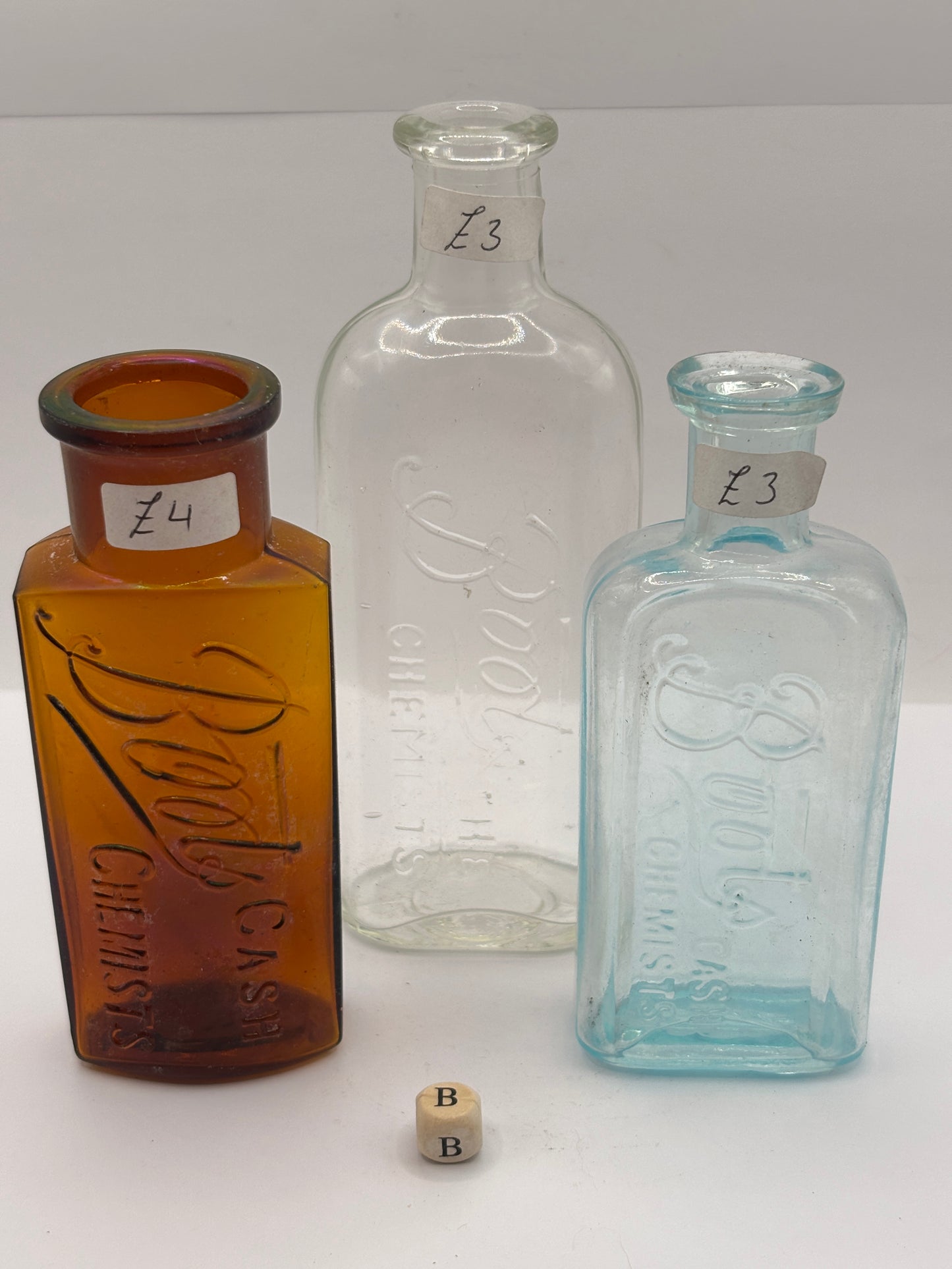 3 Old glass Boots cash chemists bottles (B)