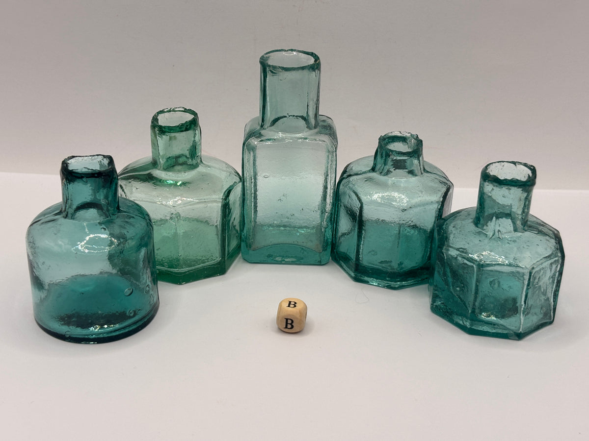 5 old dark aqua glass inks, inkwells, ink bottles, penny ink (B)