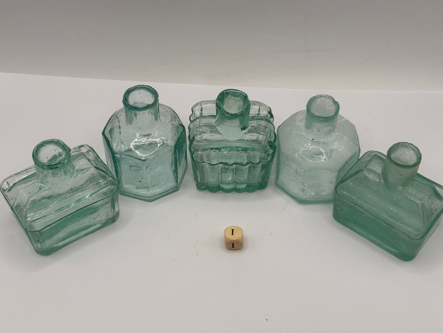 5 old aqua glass inks, inkwells, ink bottles, penny ink (i)