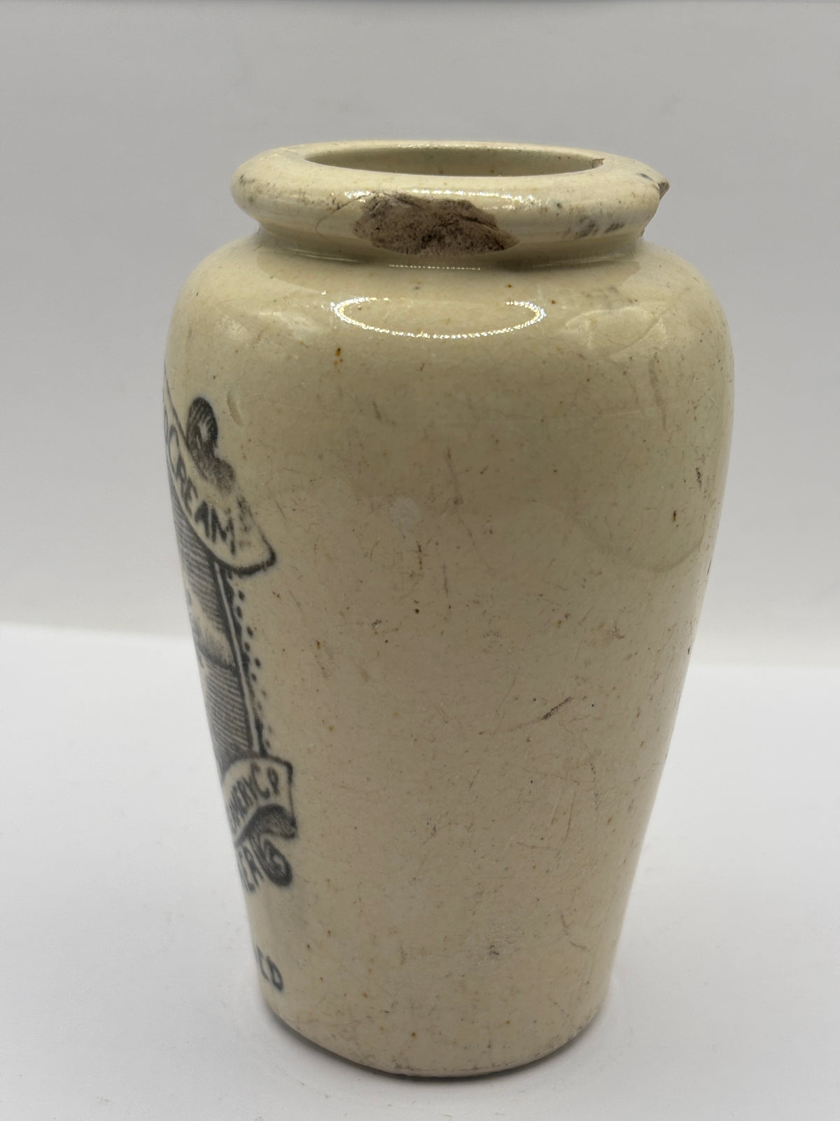 Old advertising cream pot, rich preserved cream stranraer, milkmaid. Damaged