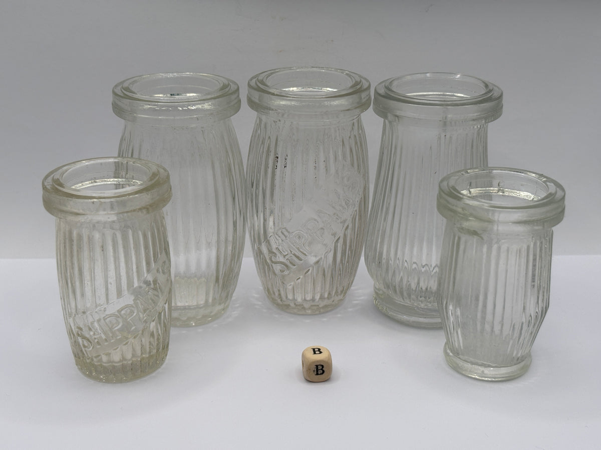 5 old clear glass meat paste jars (B)