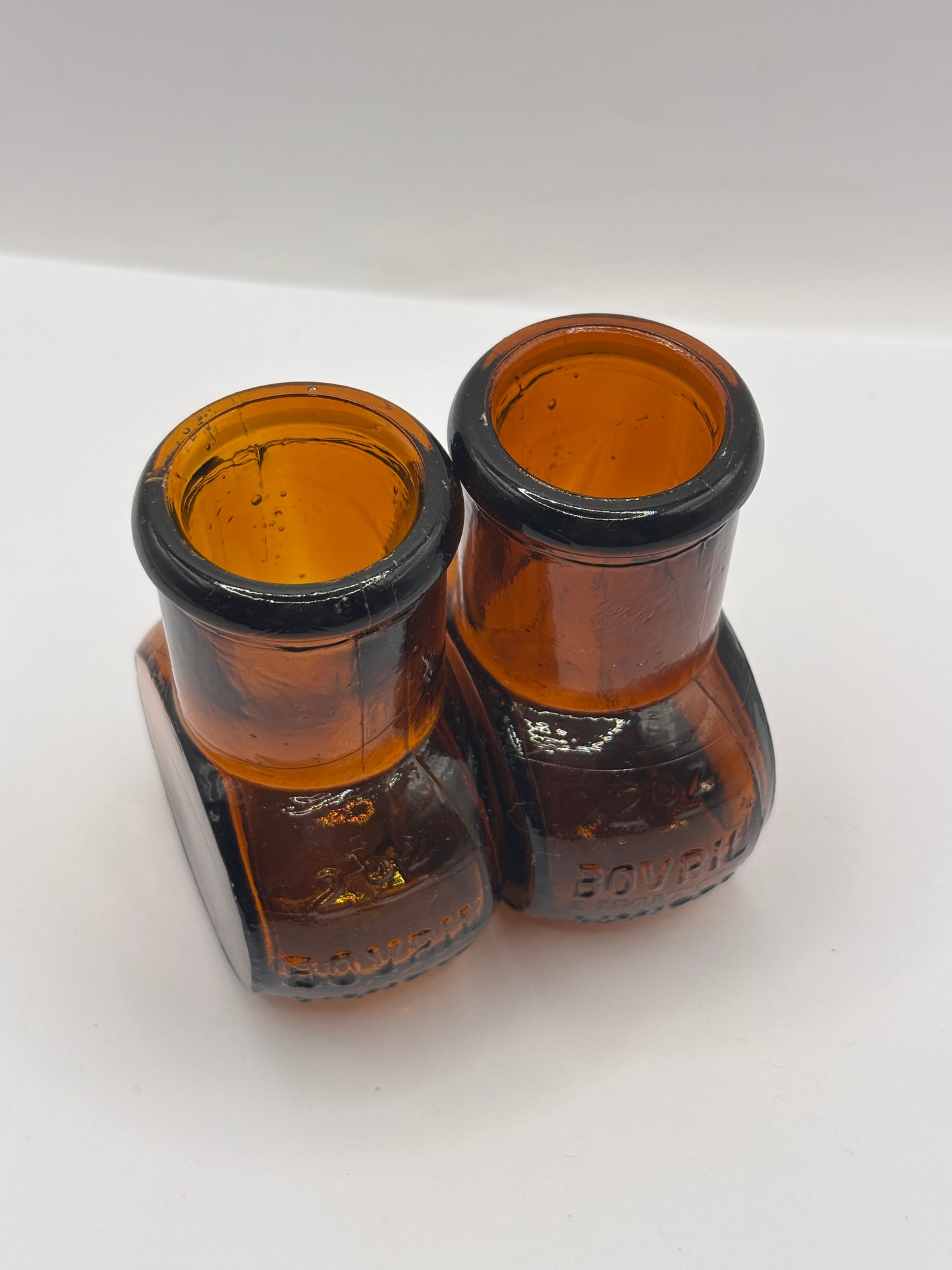 2 old amber glass bovril bottles 2oz