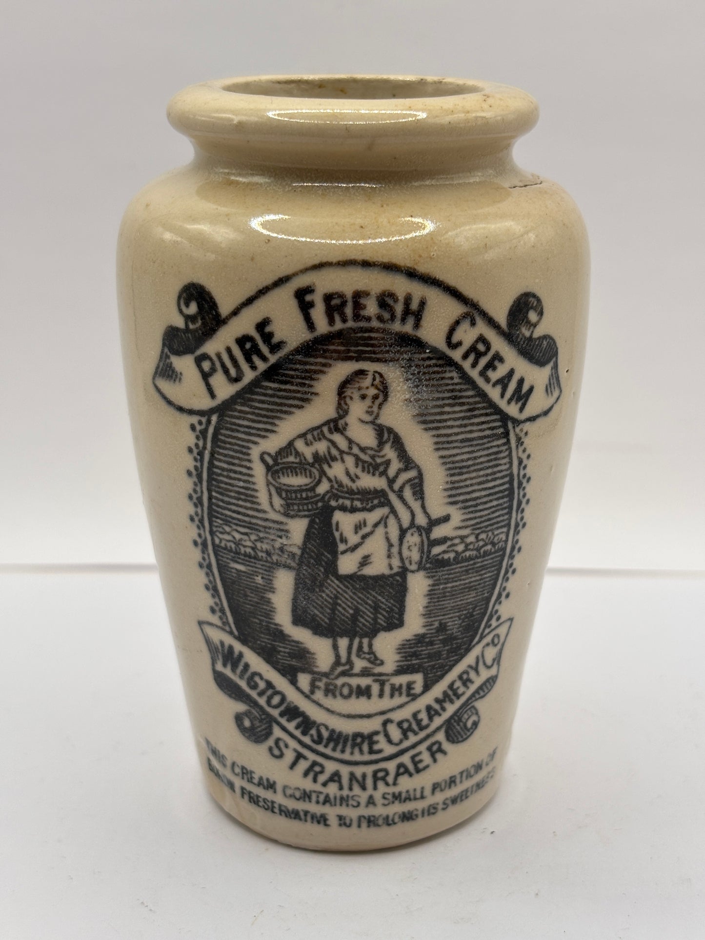 Old stoneware advertising cream pot, pure fresh cream Stranraer. Milk maid