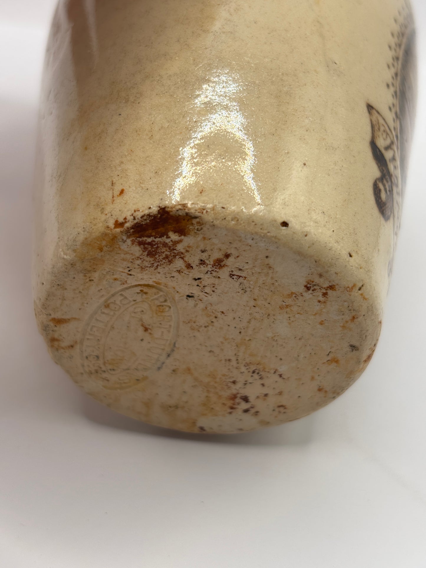 Old stoneware advertising cream pot, pure fresh cream Stranraer. Serpia print