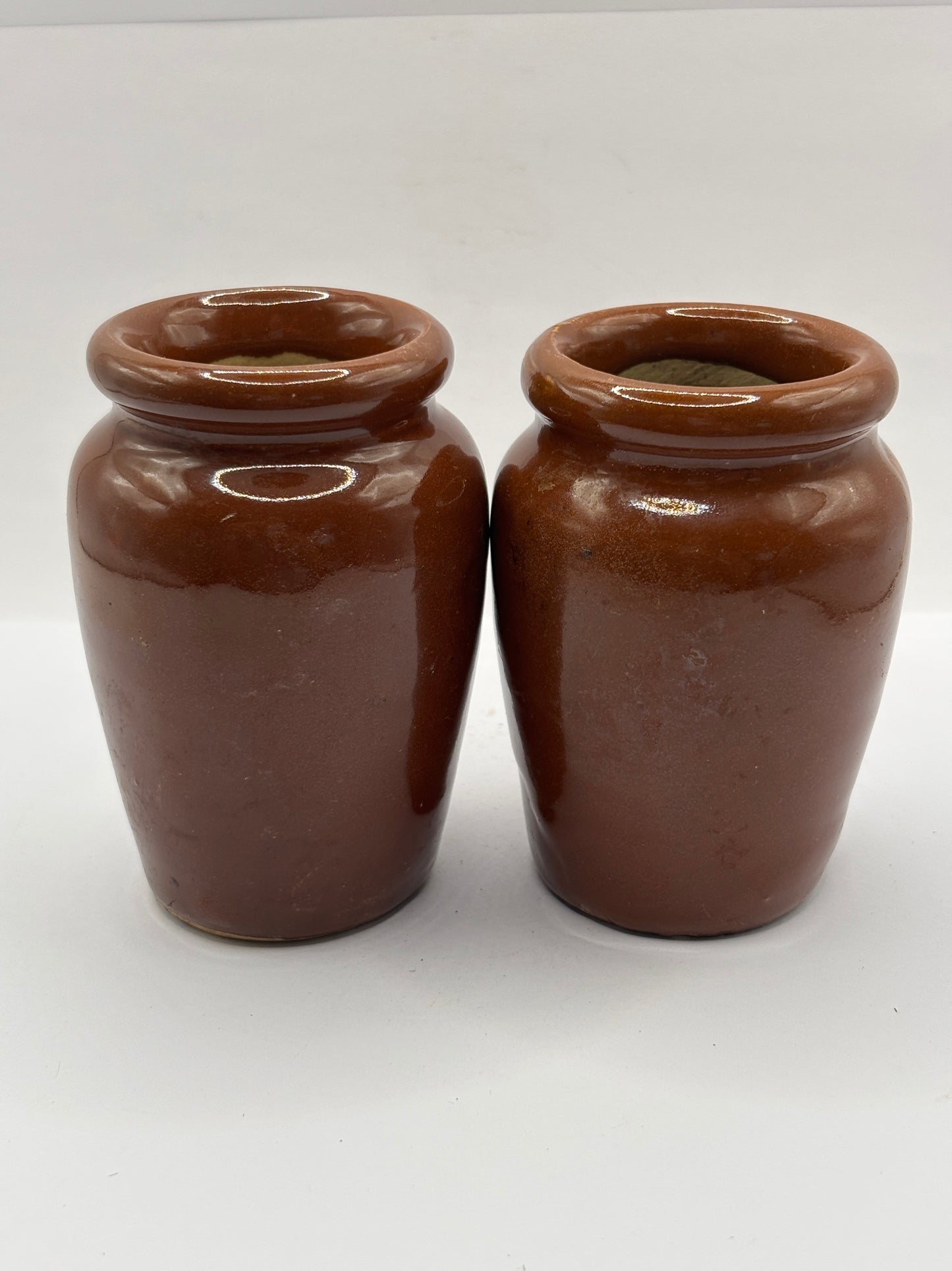 2 old brown stoneware cream pots