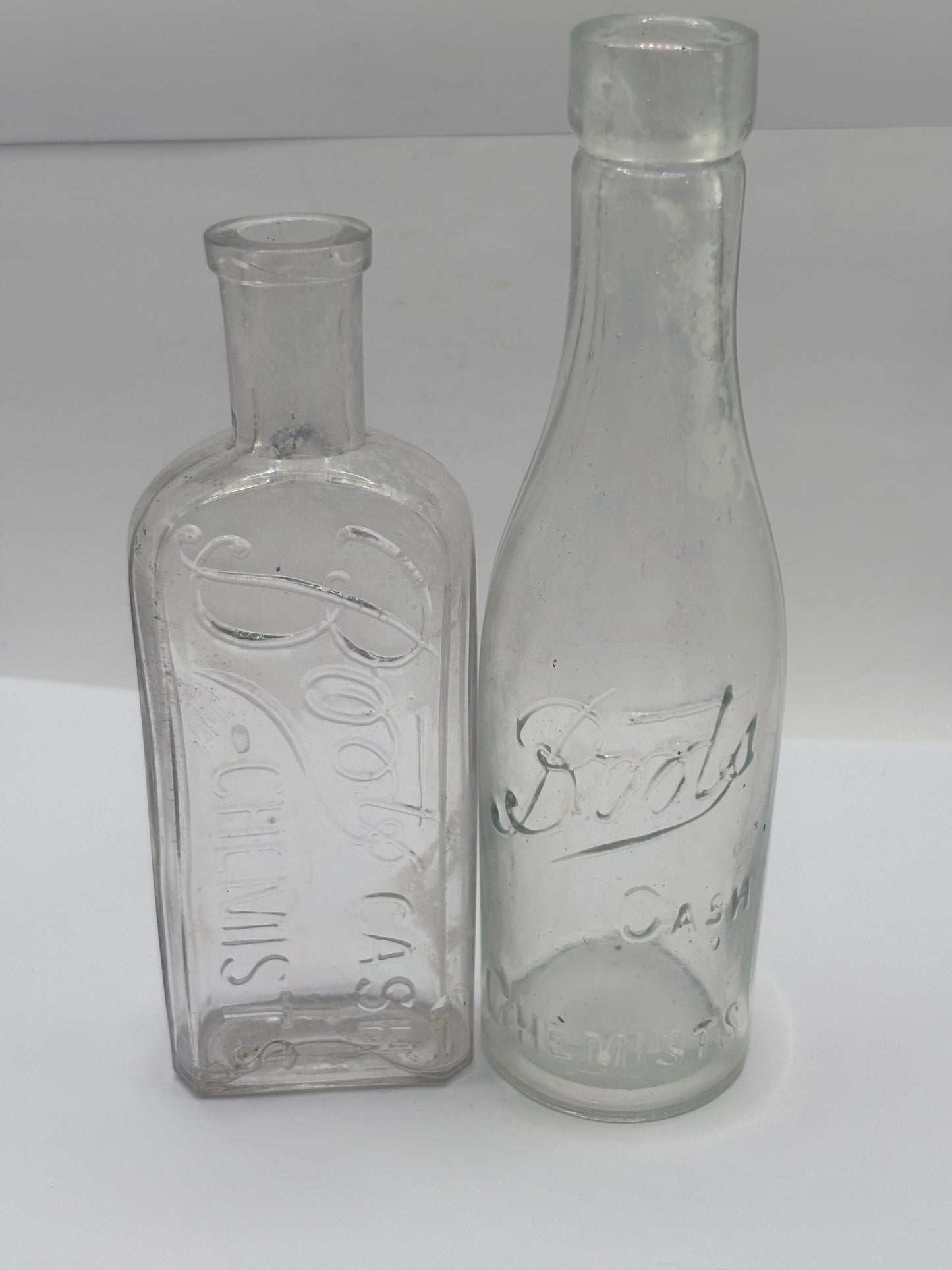 2 crusty Old glass Boots cash chemists bottles