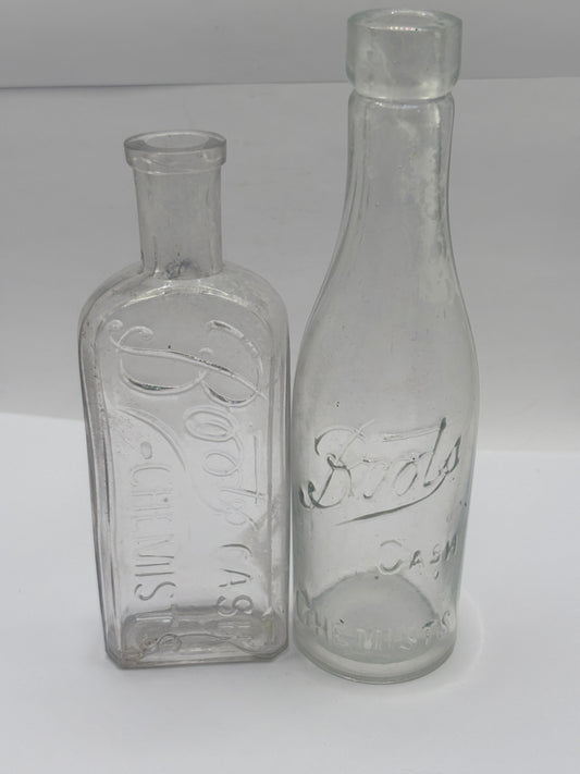 2 crusty Old glass Boots cash chemists bottles