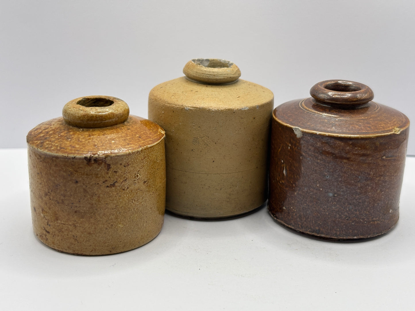 3 old pork pie inks, ink bottles inkwells