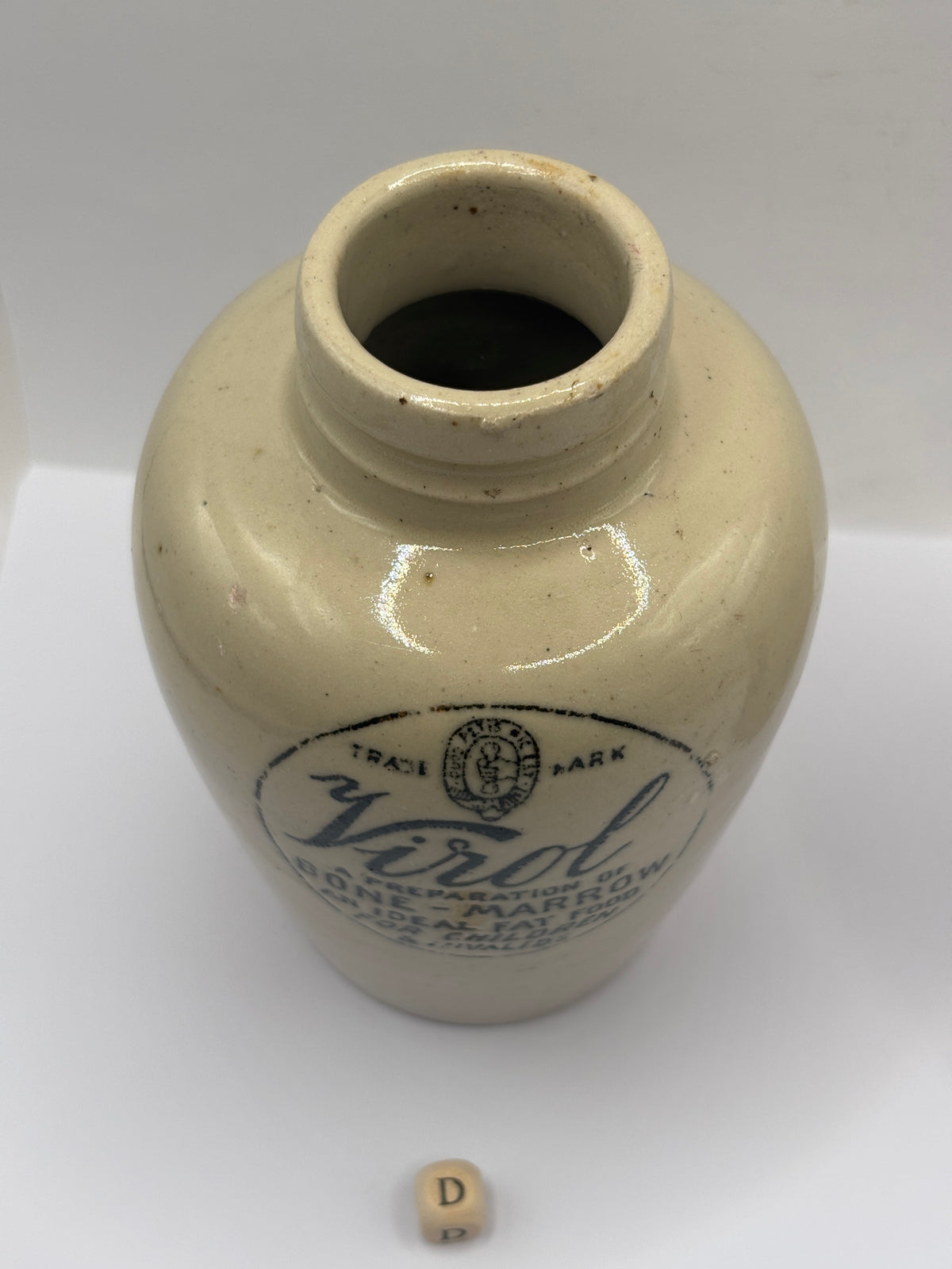 Old advertising stoneware Virol pot, 13.5cms (D)