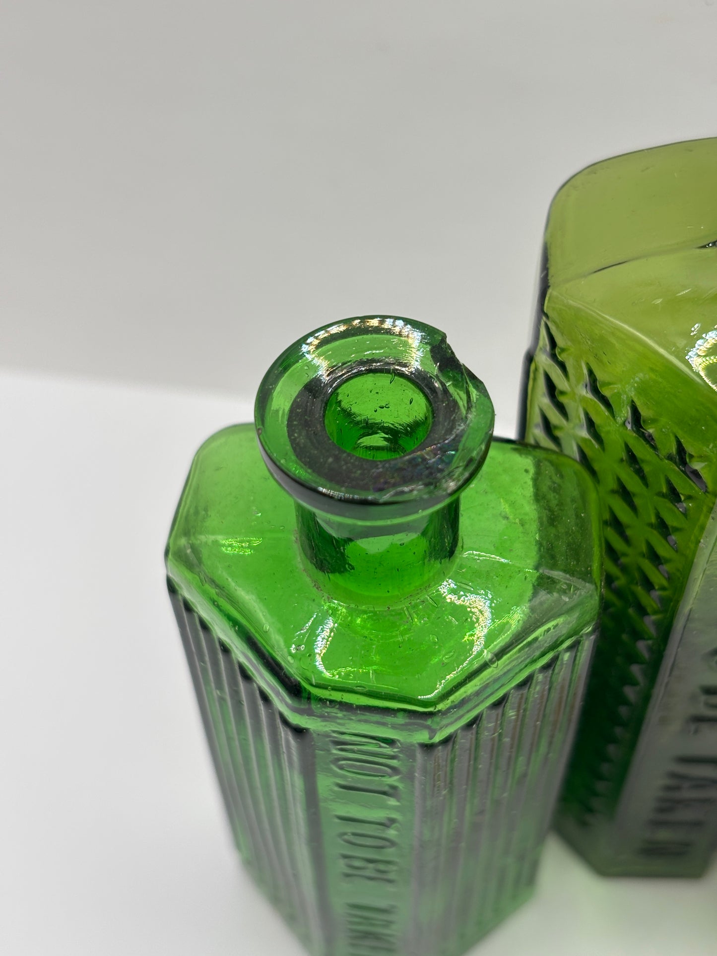 3 old green glass poison bottles, chipped (F)