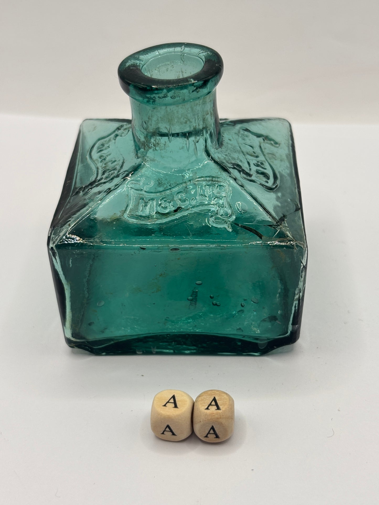 Large green advertising inkwell, ink bottle. M&Co DAMAGED (aa)