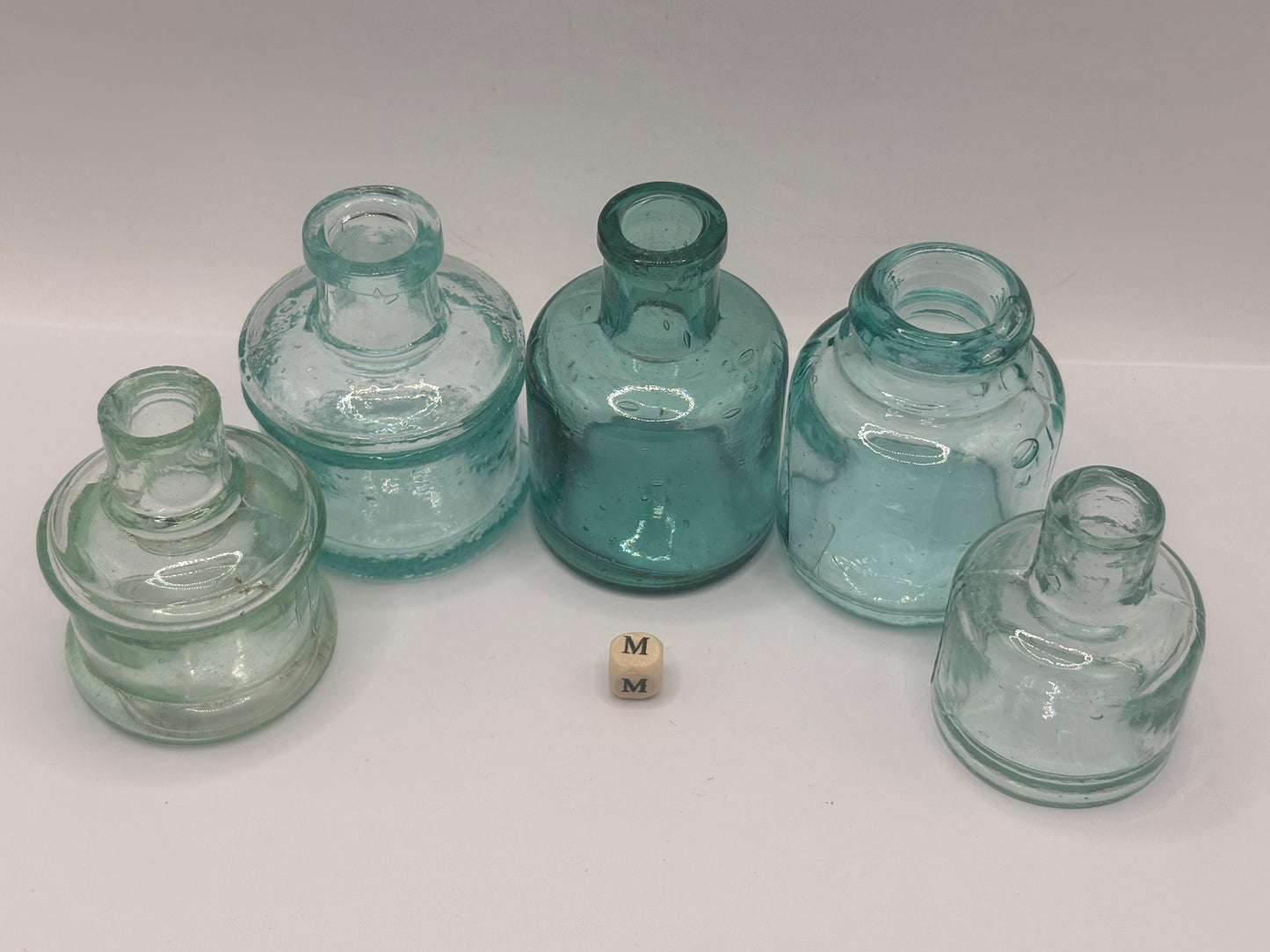 5 old aqua glass inks, inkwells, ink bottles (m) smooth top
