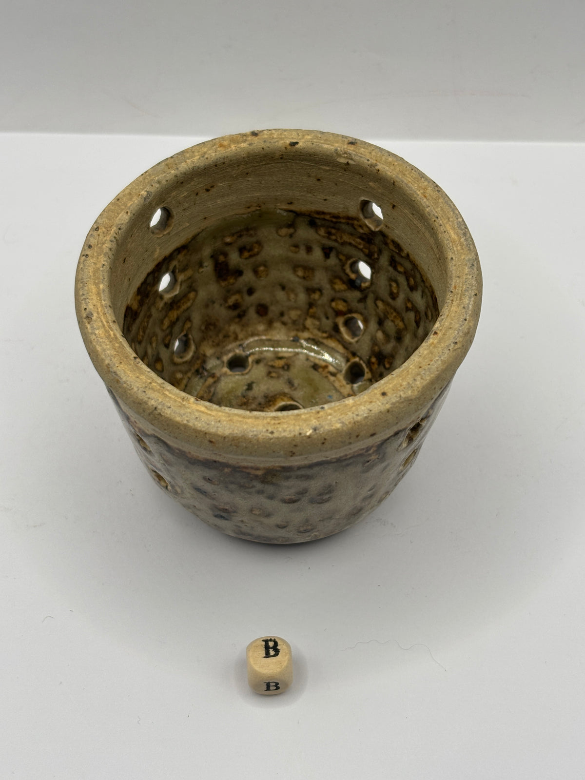 Old small french stoneware cheese mold, strainer/ faisselle (B)