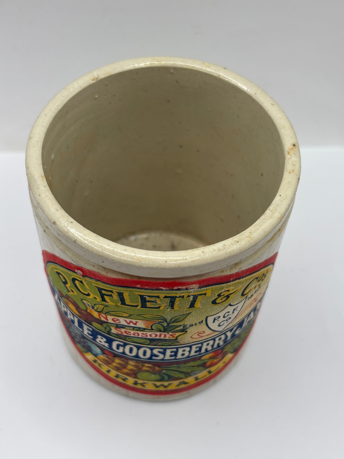 Old 1lb ribbed stoneware jam pot with added label