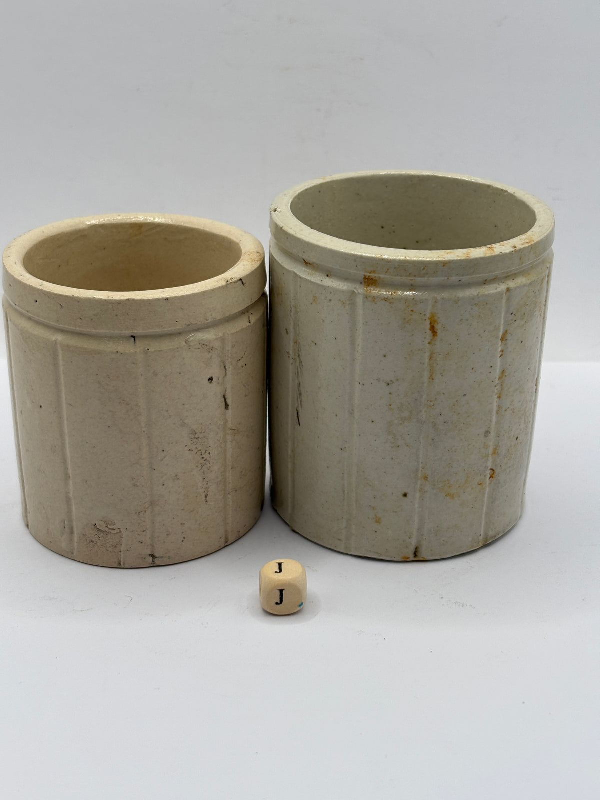 2 Old mini ribbed stoneware jam pots (J)