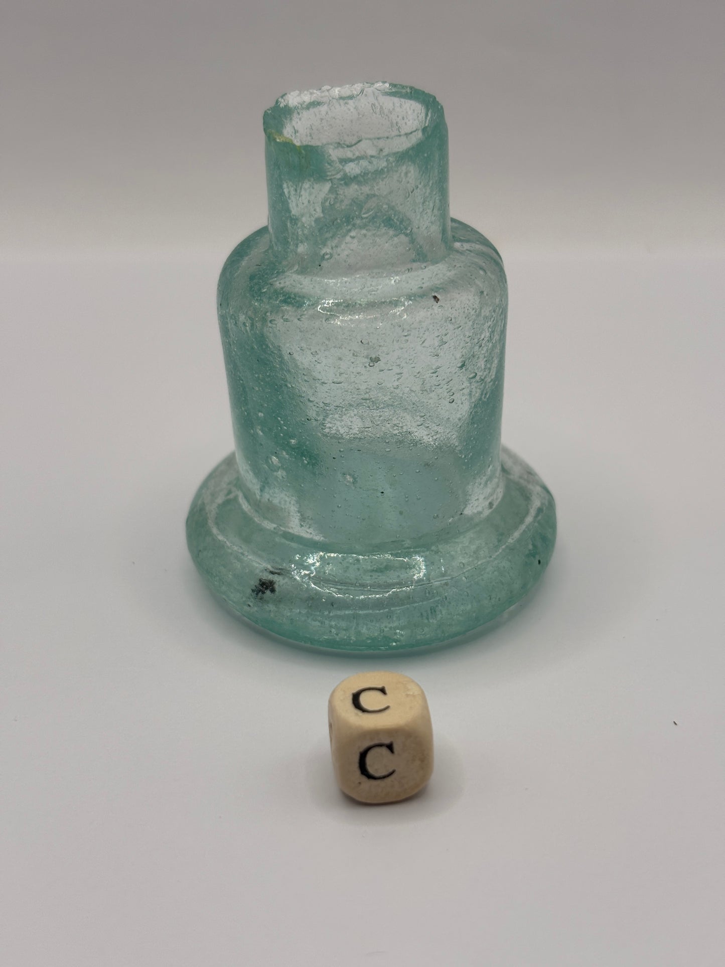 Old aqua glass inkwell, Bell ink (c)