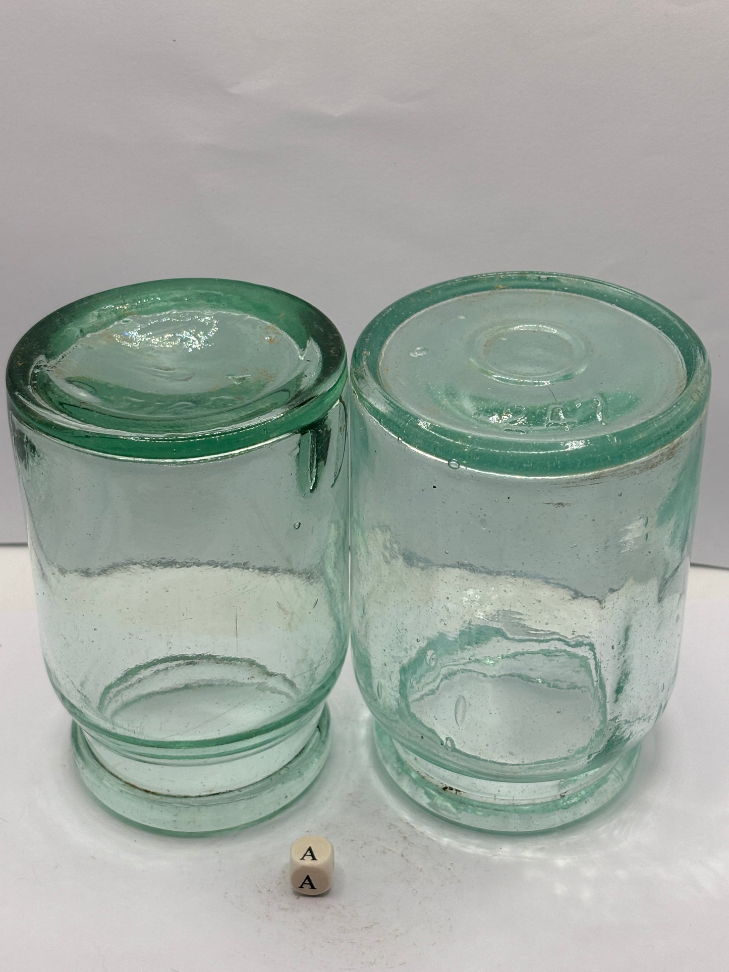 2 Small aqua glass jam & pickle jar (A)