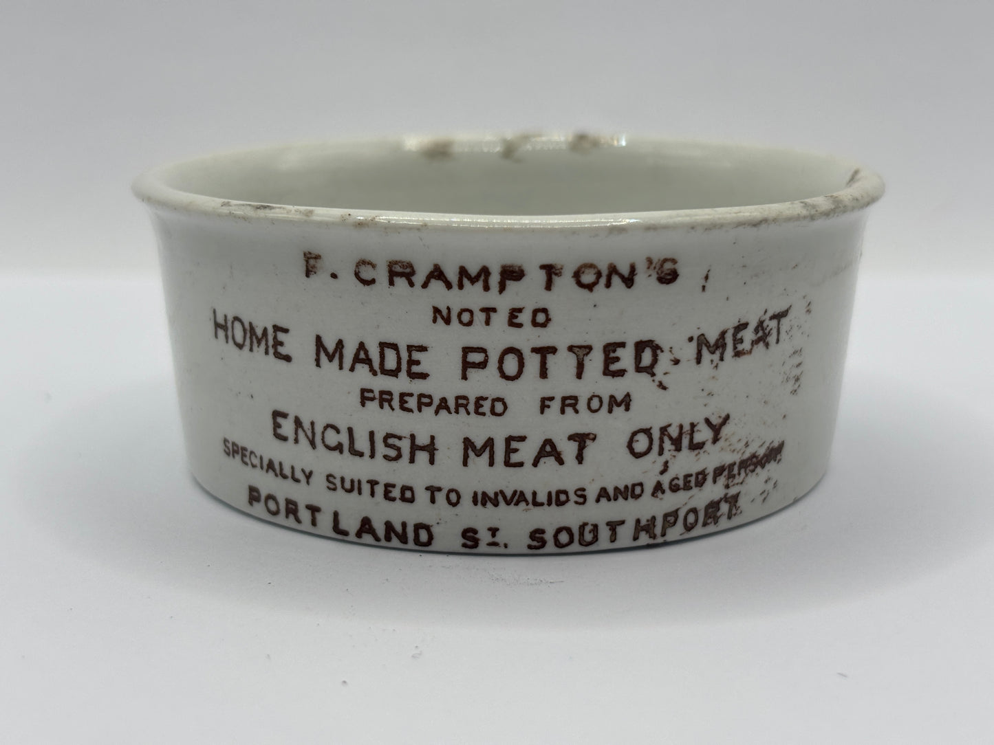 Old brown print cramptons advertising meat paste pot. Home made potted meat