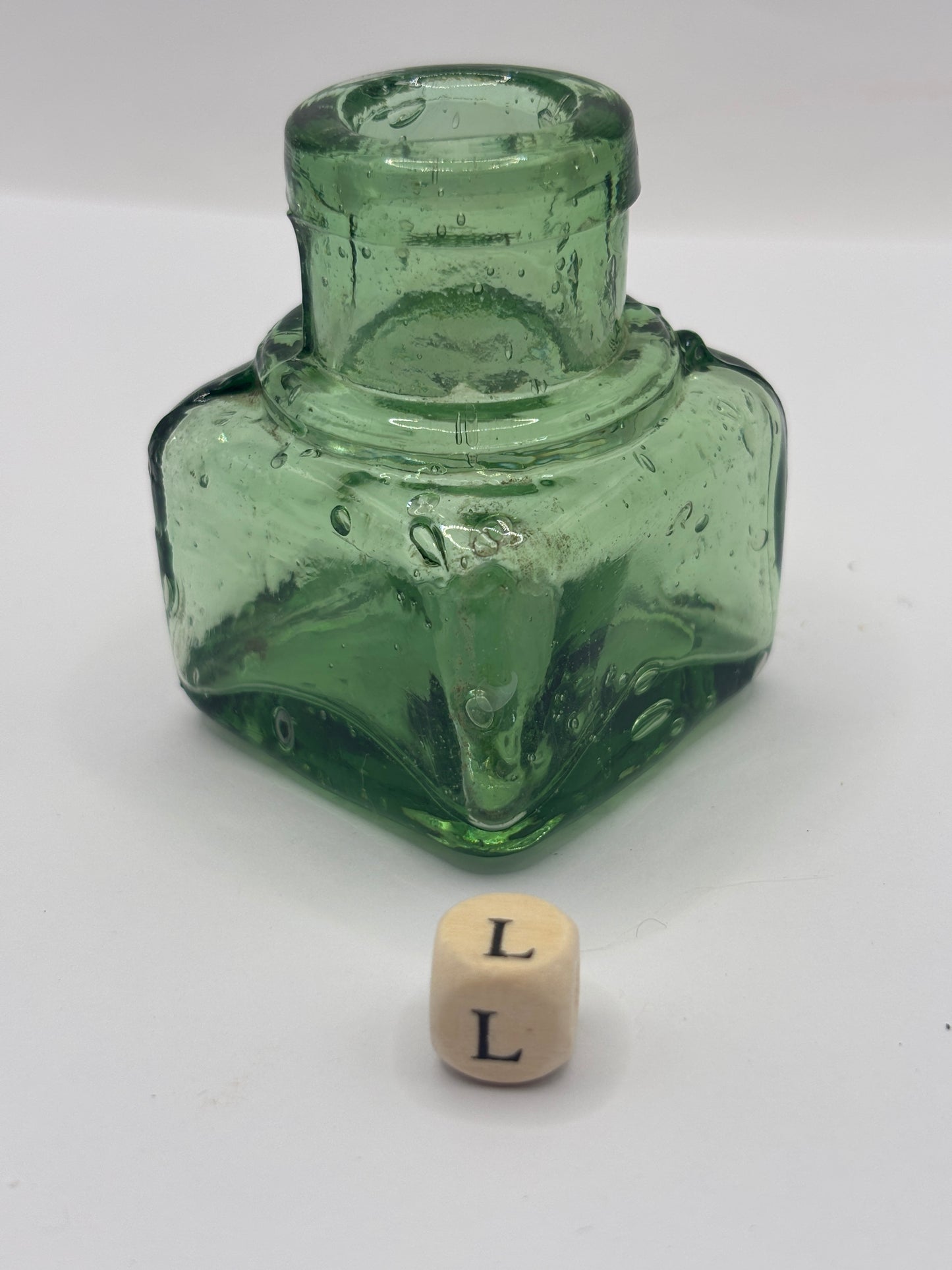 Old green glass ink bottle, inkwell (L)