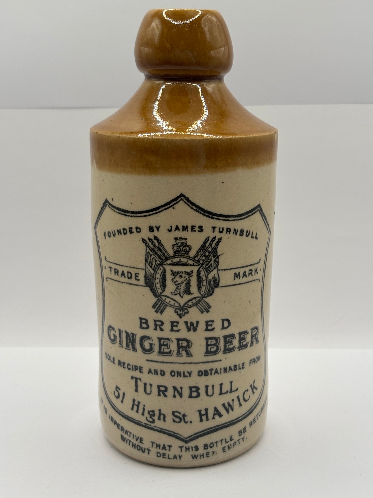 Old stoneware ginger beer bottle, Brewed ginger beer. Turnbull. Harwick