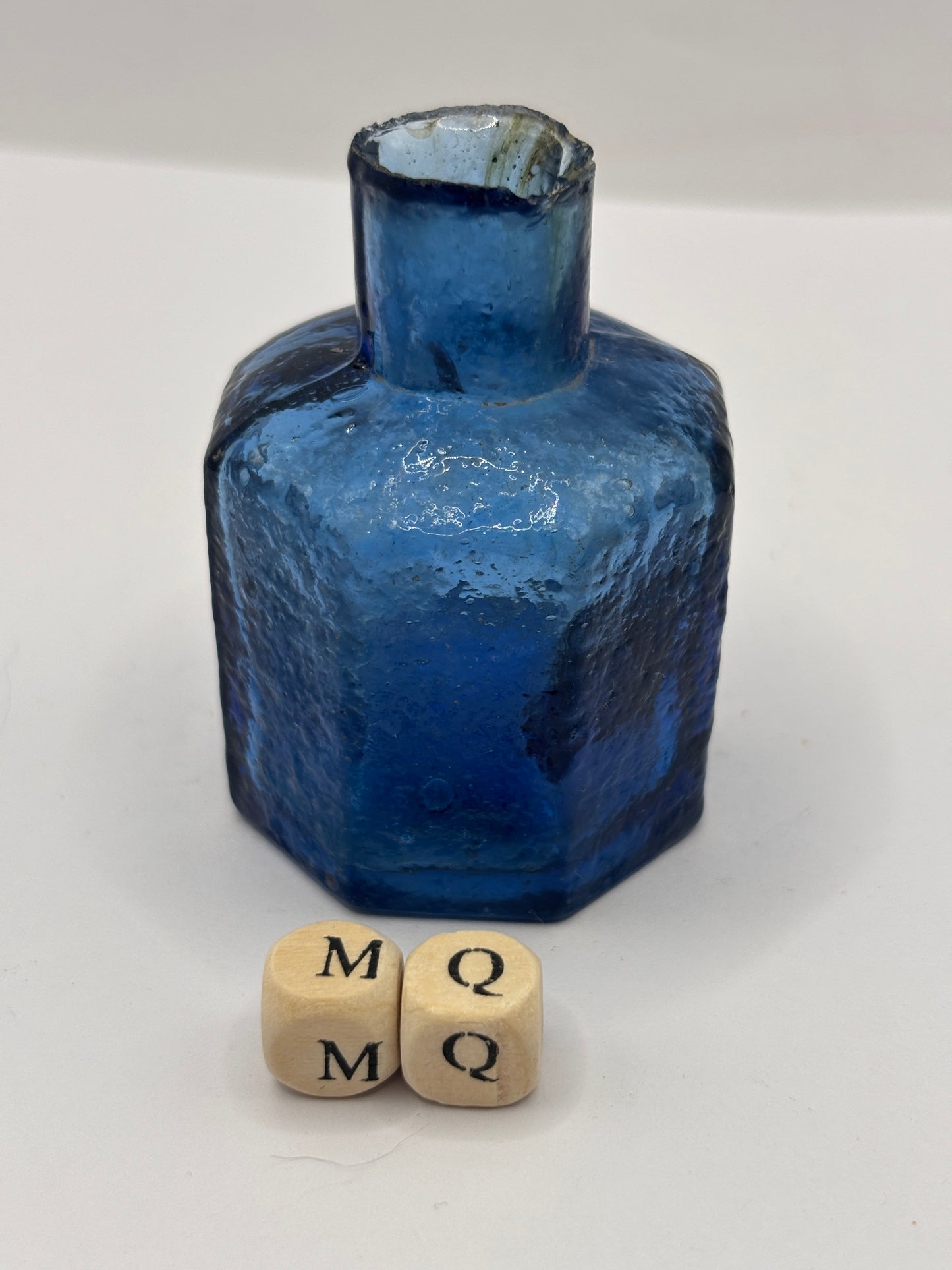 Old blue glass ink bottle, inkwell, penny ink (MQ)