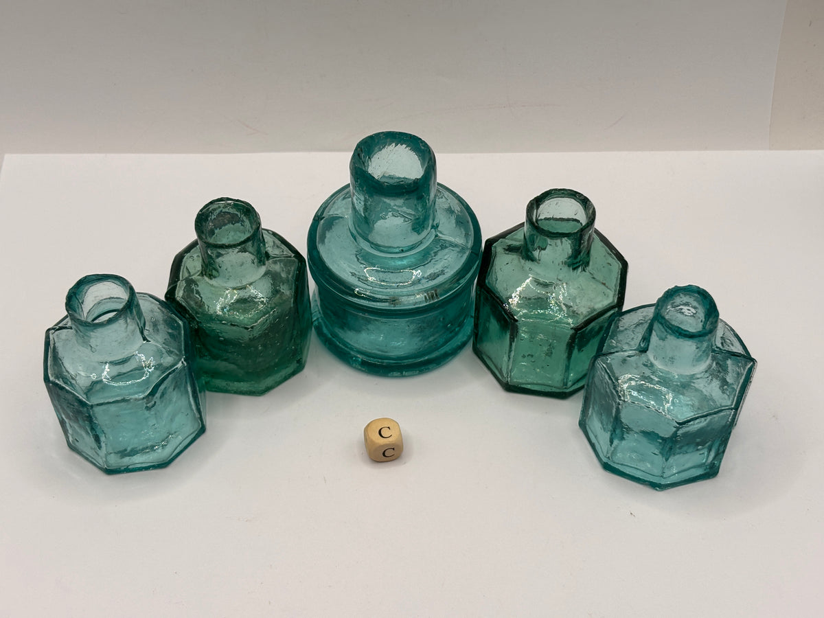 5 old dark aqua glass inks, inkwells, ink bottles, penny ink (C)
