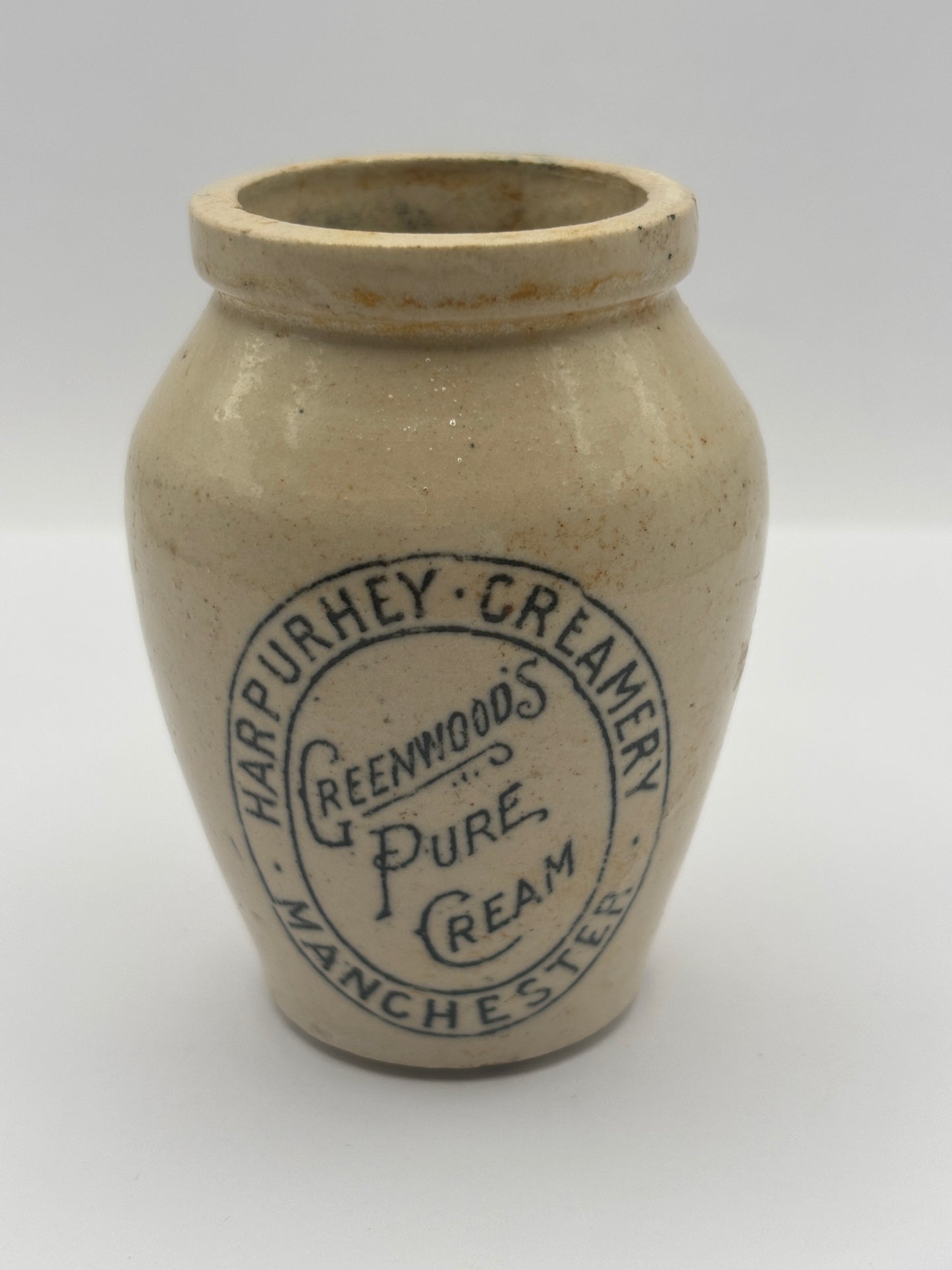 Old small advertising cream pot, Harpurhey creamery Manchester 7.5cms