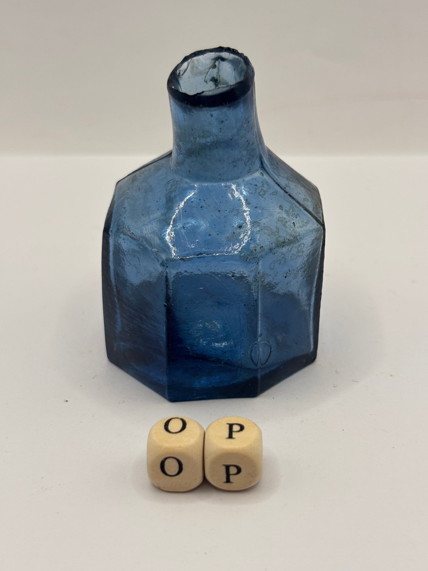 Old blue glass ink bottle, inkwell, penny ink (OP) slight swirls